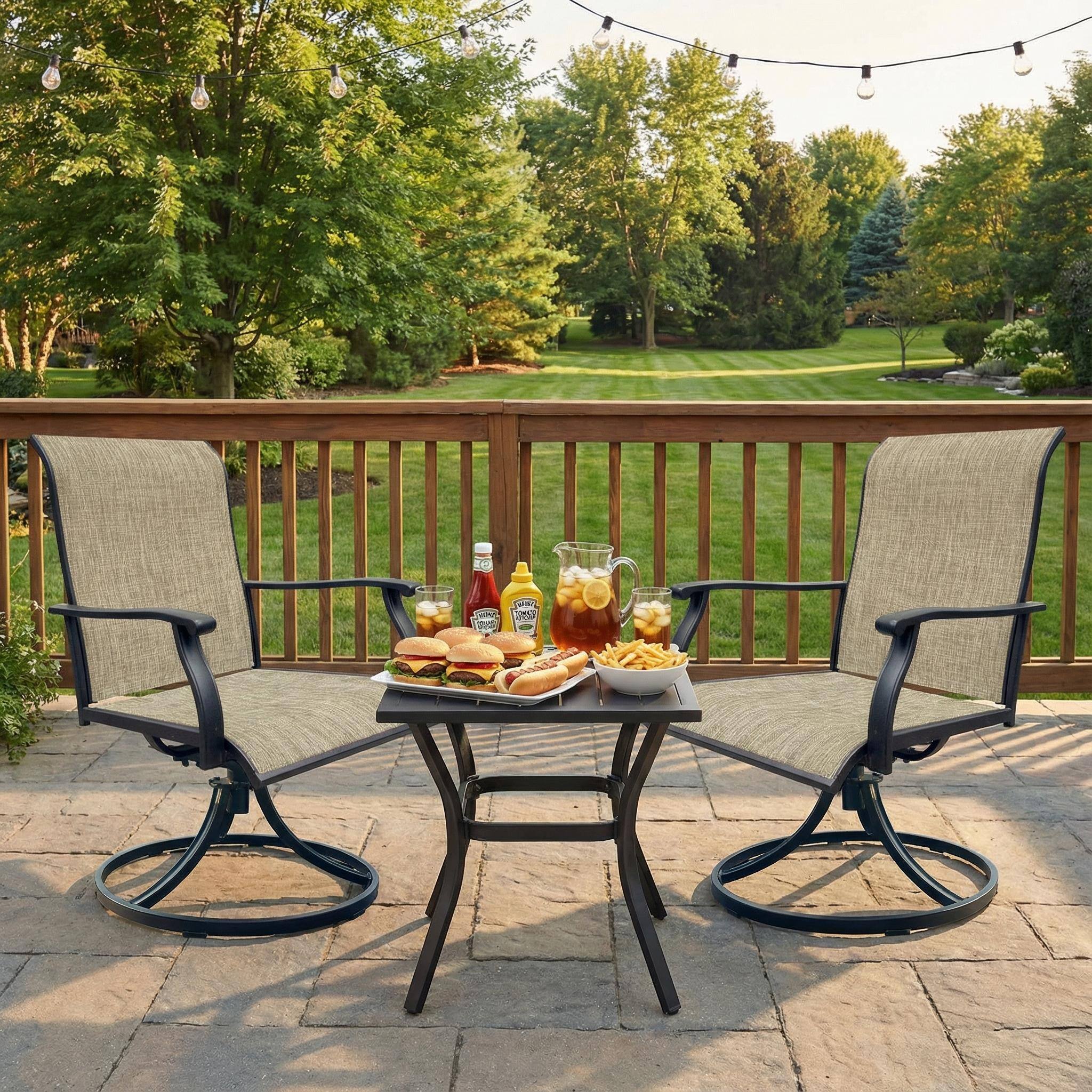 Angle. Mondawe - Set of 2 Swivel Breathable Textilene Dining Chairs - Black+Brown.