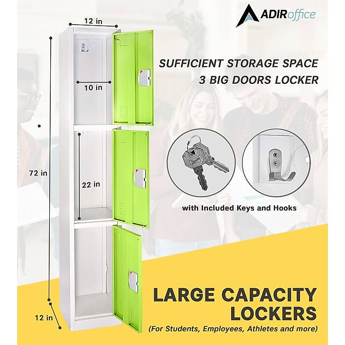 ADIRoffice, SUFFICIENT STORAGE SPACE, 3 BIG DOORS LOCKER, 72 in, 22 in, with Included Keys and Hooks, LARGE CAPACITY LOCKERS (For Students, Employees, Athletes and more), 12 in, 10 in