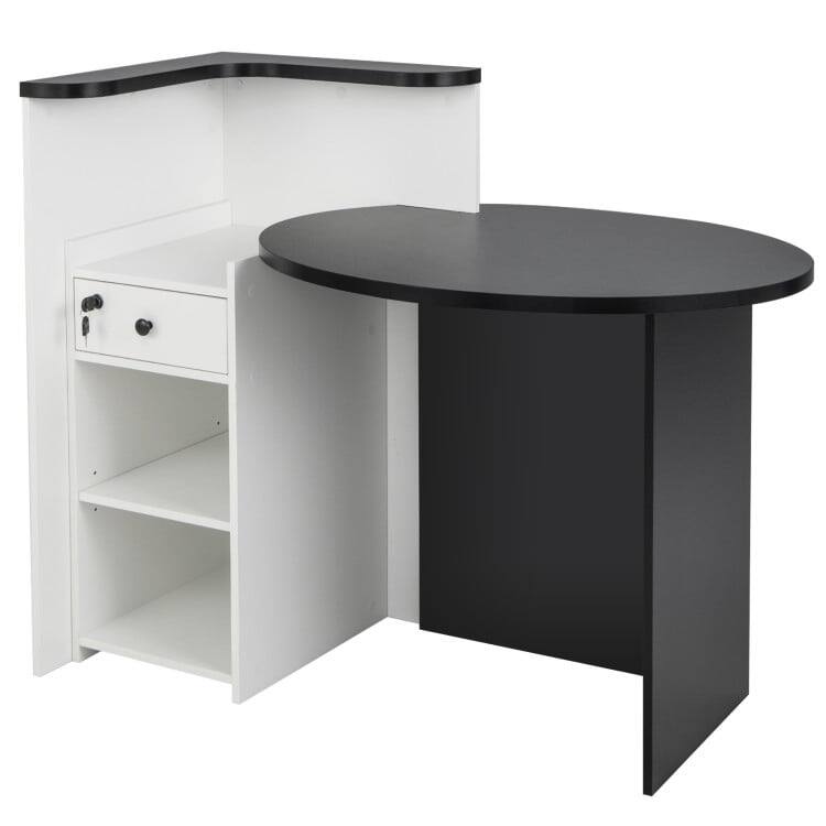 Left. Kadyn - Front Reception Office Desk with Open Shelf and Lockable Drawer-Black & White, Home Office Desks, Gaming Computer Desks - Black.