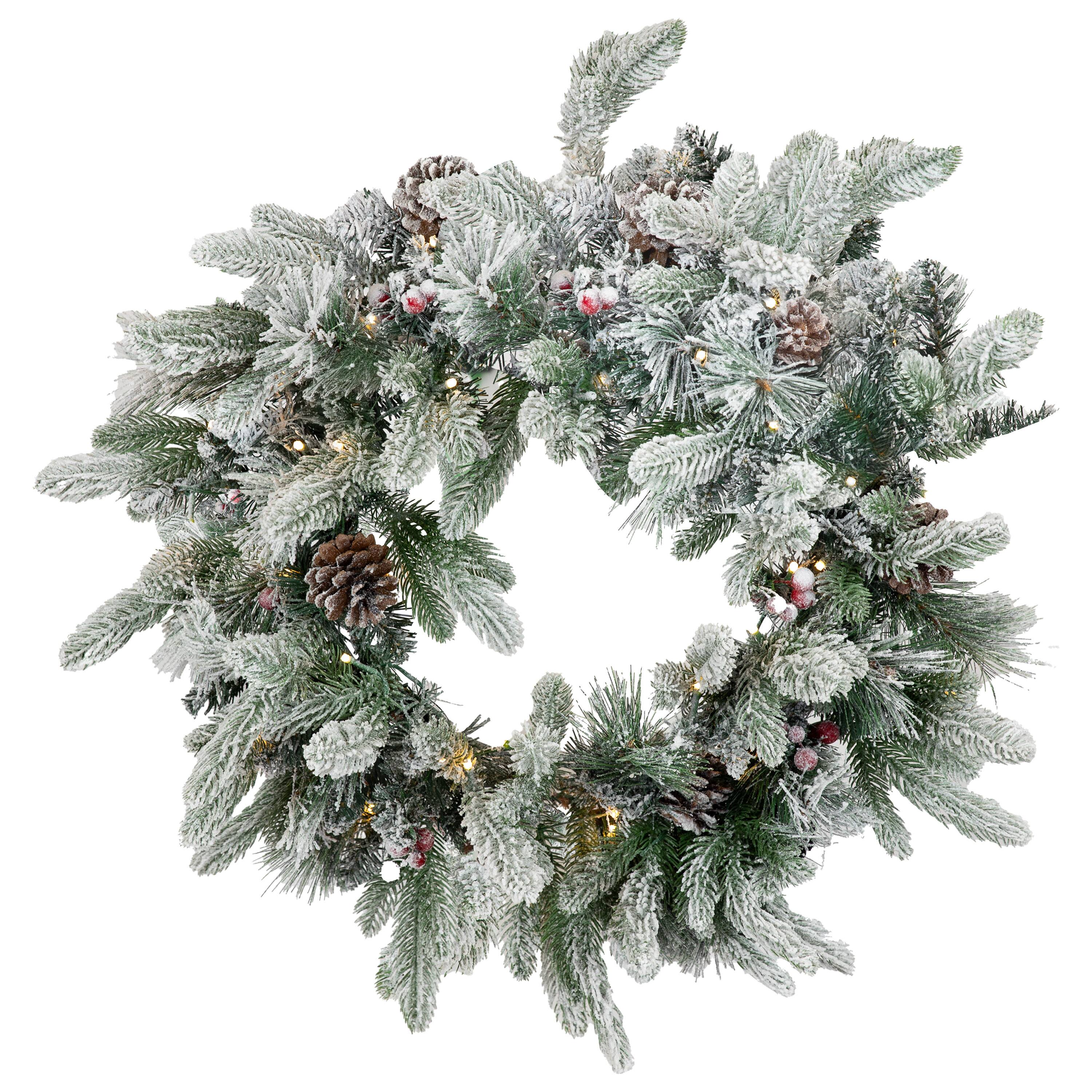 Front. Sunnydaze - 24" Diameter Prelit Christmas Wreath - Flocked - White.