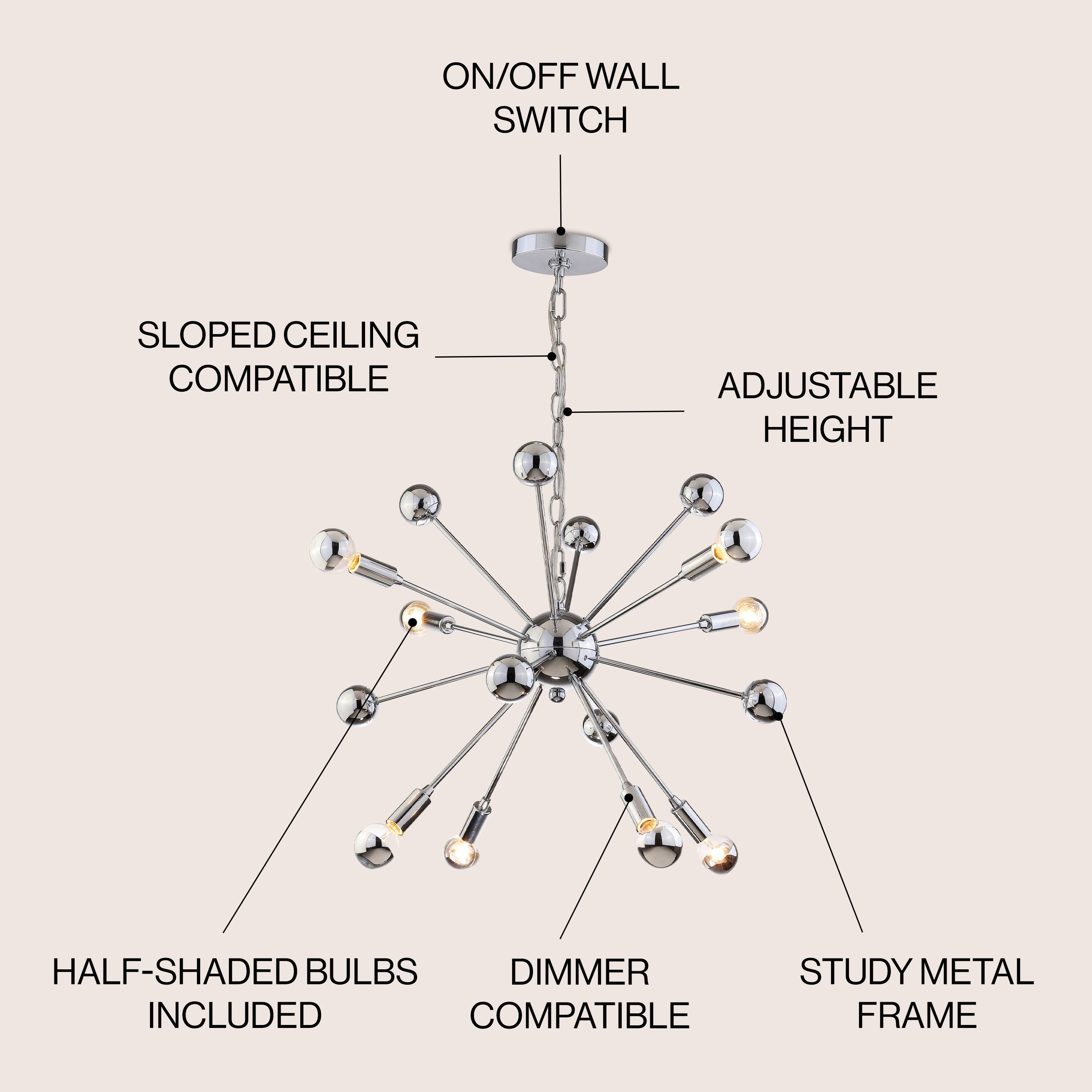 - ON/OFF WALL SWITCH
- SLOPED CEILING COMPATIBLE
- ADJUSTABLE HEIGHT
- HALF-SHADDED BULBS INCLUDED
- DIMMER COMPATIBLE
- STUDY METAL FRAME