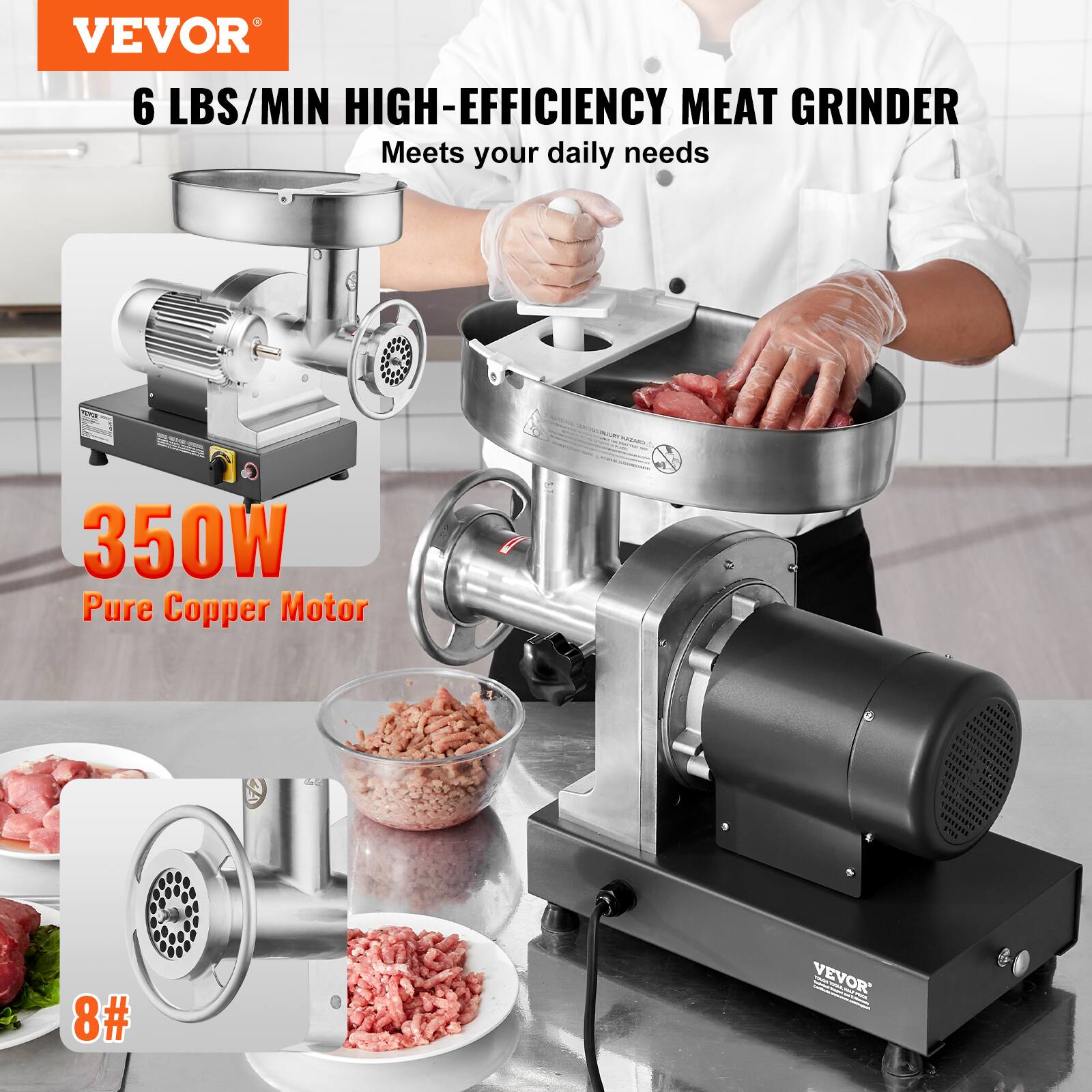 VEVOR

6 LBS/MIN HIGH-EFFICIENCY MEAT GRINDER  
Meets your daily needs

350W  
Pure Copper Motor

8#
