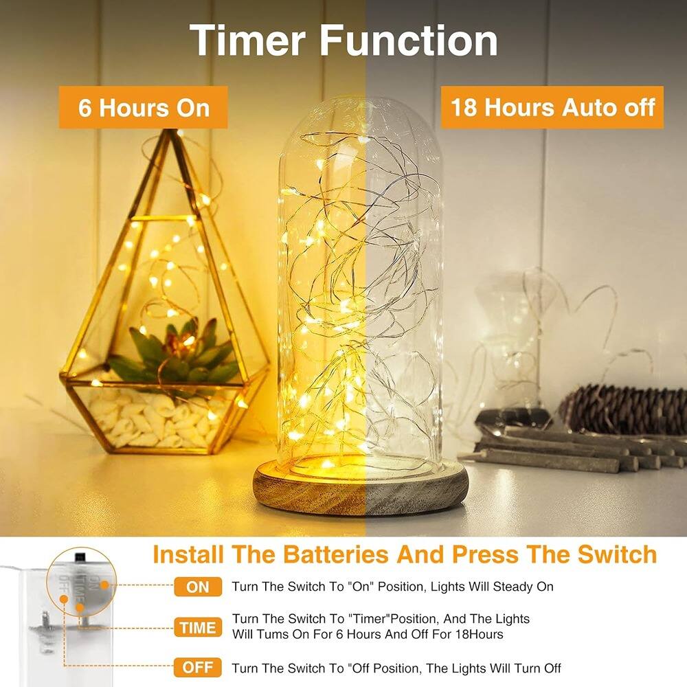 **Timer Function**

- **6 Hours On**
- **18 Hours Auto off**

**Install The Batteries And Press The Switch**

- **ON**: Turn The Switch To "On" Position, Lights Will Steady On
- **TIME**: Turn The Switch To "Timer" Position, And The Lights Will Turn On For 6 Hours And Off For 18 Hours
- **OFF**: Turn The Switch To "Off" Position, The Lights Will Turn Off