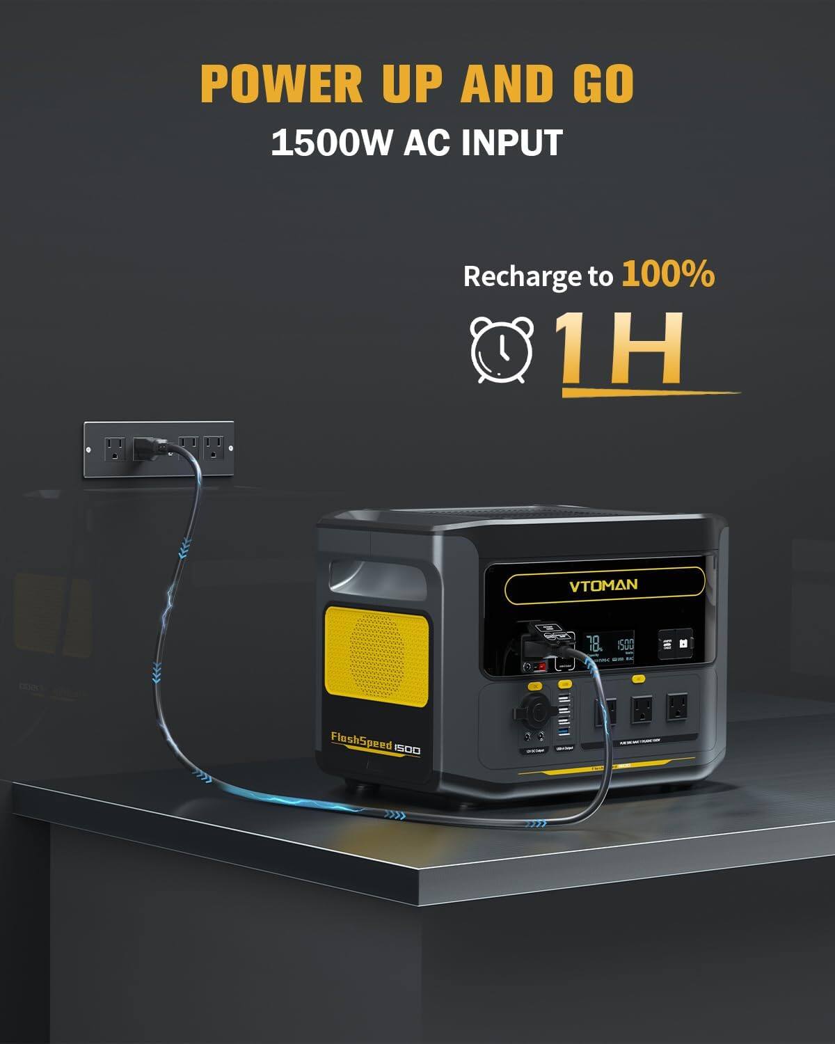 POWER UP AND GO  
1500W AC INPUT  
Recharge to 100% in 1H  
VTOMAN  
FlashSpeed ISO0