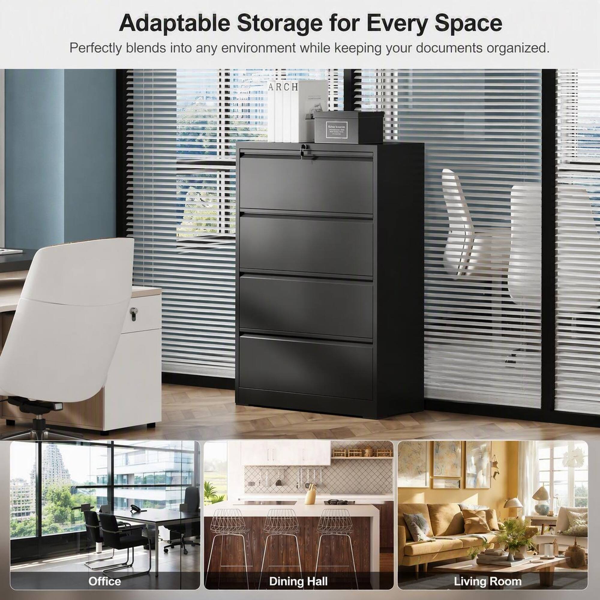 Adaptable Storage for Every Space  
Perfectly blends into any environment while keeping your documents organized.  

ARCH  
Office  
Dining Hall  
Living Room