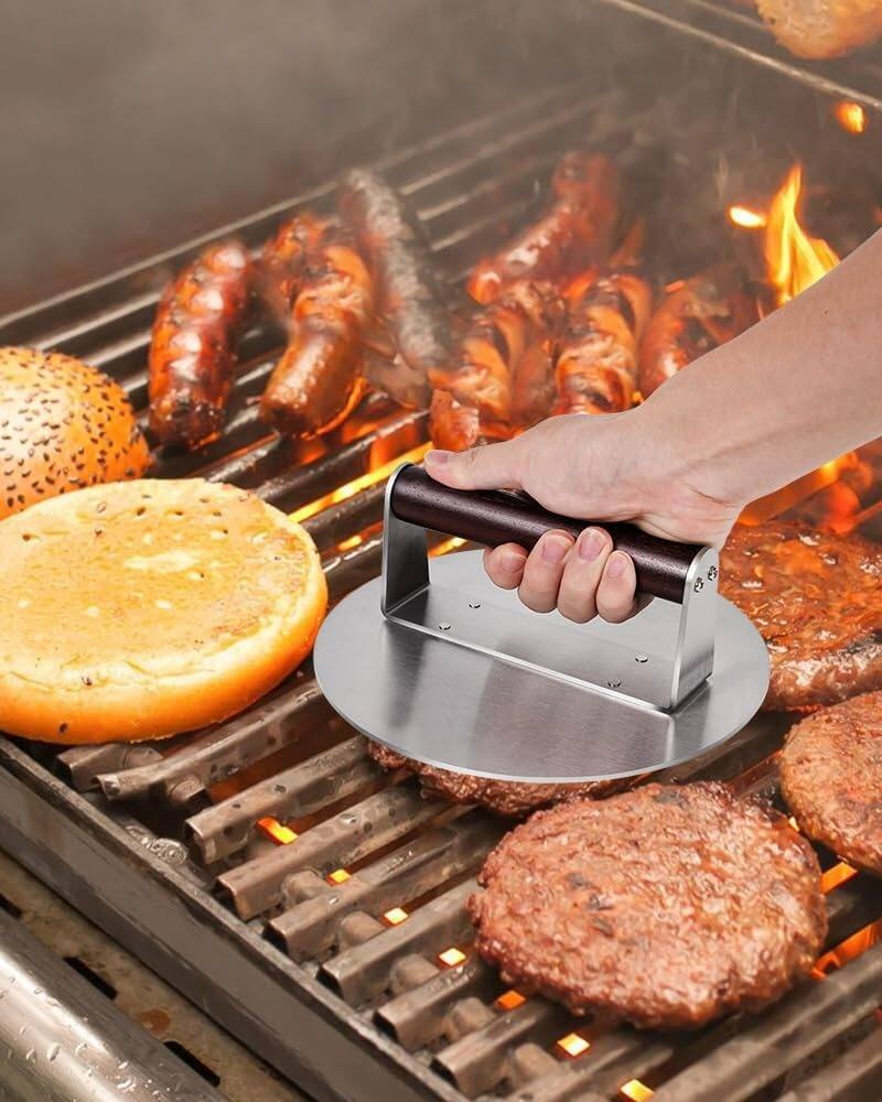 Angle. MOSZAR LLC - 2.5lb Stainless Steel Burger Press – Nonstick, Wooden Handle.