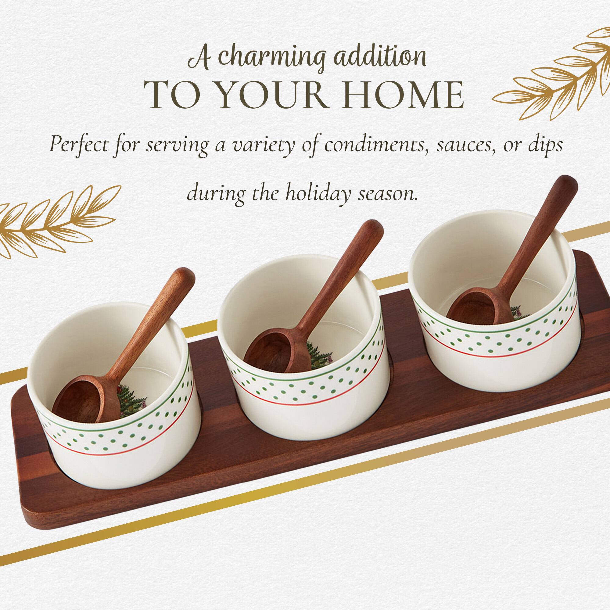 A charming addition to your home. Perfect for serving a variety of condiments, sauces, or dips during the holiday season.