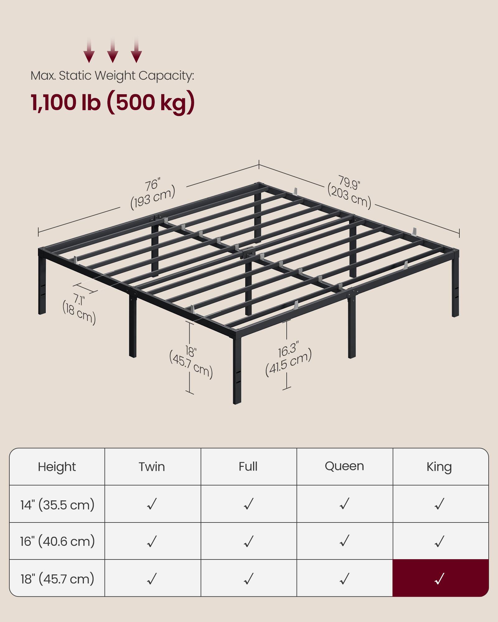 Max. Static Weight Capacity: 1,100 lb (500 kg)

76" (193 cm)  
79.9" (203 cm)  
7" (18 cm)  
18" (45.7 cm)  
16.3" (41.5 cm)

Height | Twin | Full | Queen | King
--- | --- | --- | --- | ---
14" (35.5 cm) | ✓ | ✓ | ✓ | ✓
16" (40.6 cm) | ✓ | ✓ | ✓ | ✓
18" (45.7 cm) | ✓ | ✓ | ✓ | ✓