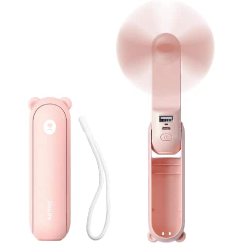 Jisulife - 3-in-1 Handheld Mini Fan, USB Rechargeable Portable Fan with Power Bank & Flashlight, Pink