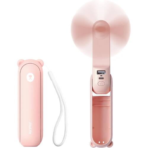 Front. Jisulife - JISULIFE 3-in-1 Handheld Mini Fan, USB Rechargeable Portable Fan with Power Bank & Flashlight, Pink.