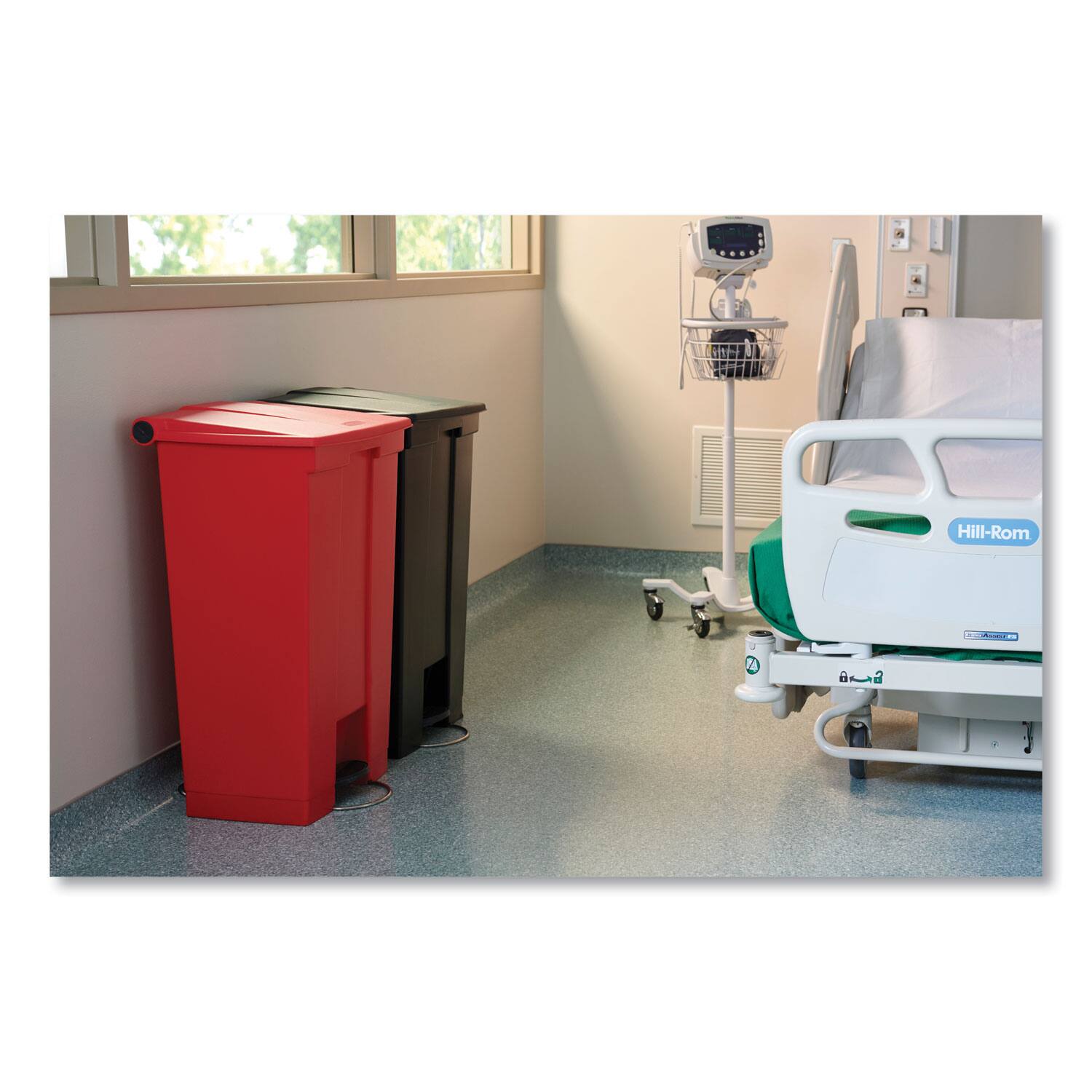 Left. RubberMaid - Indoor Utility Step-On Waste Container, 18 gal, Plastic, Red.
