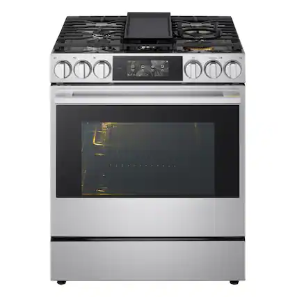Front. LG - SIGNATURE 6.3 Cu. Ft. Slide-In Gas True Convection Smart Range with Air Fry, Color LCD Display and AI Gourmet Camera - PrintProof Stainless Steel.