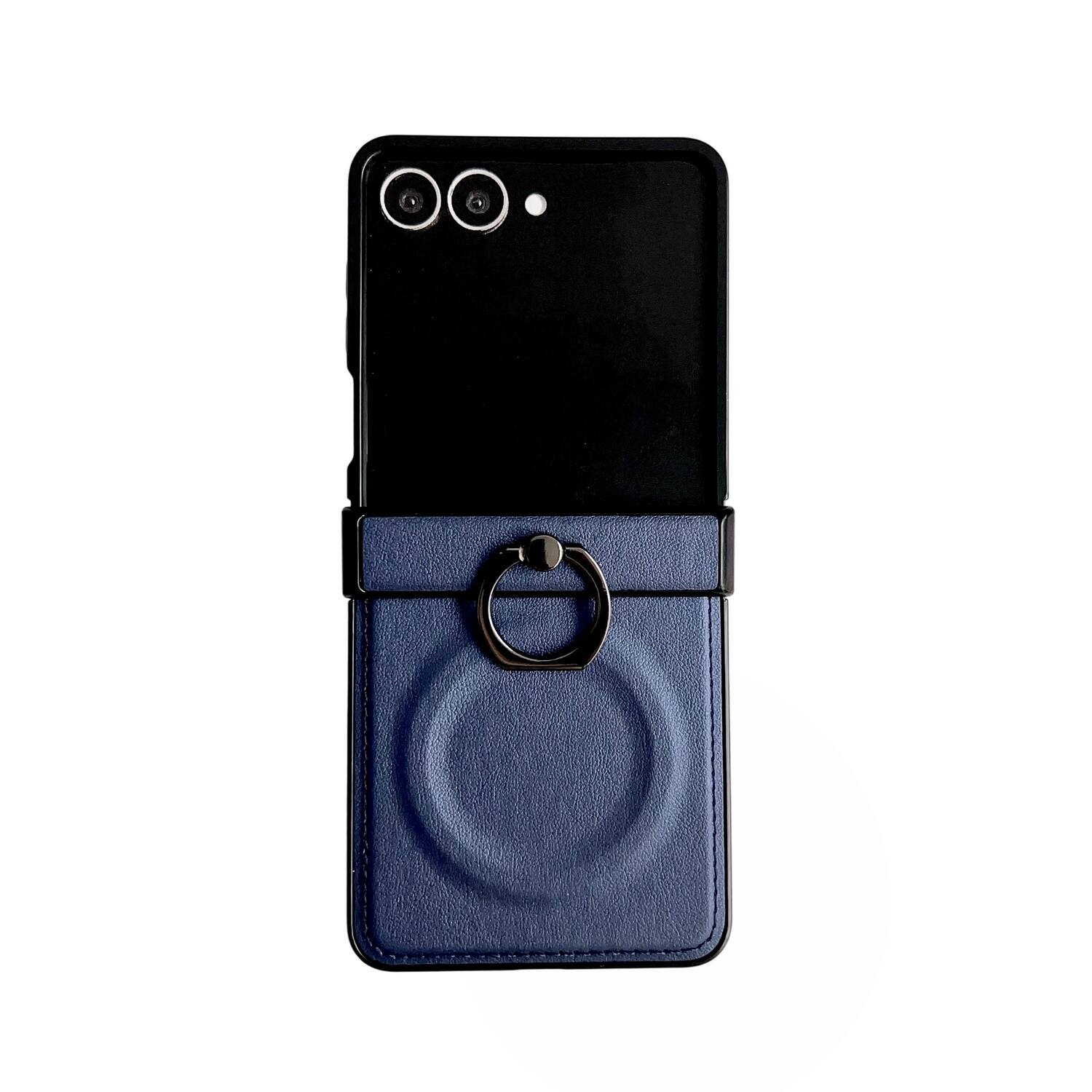 Angle. Dteck - Mag Safe Case For Samsung Galaxy Z Flip7 Shockproof Leather Slim Fit Rugged Hinge Protection Cover With Ring Holder - Black.
