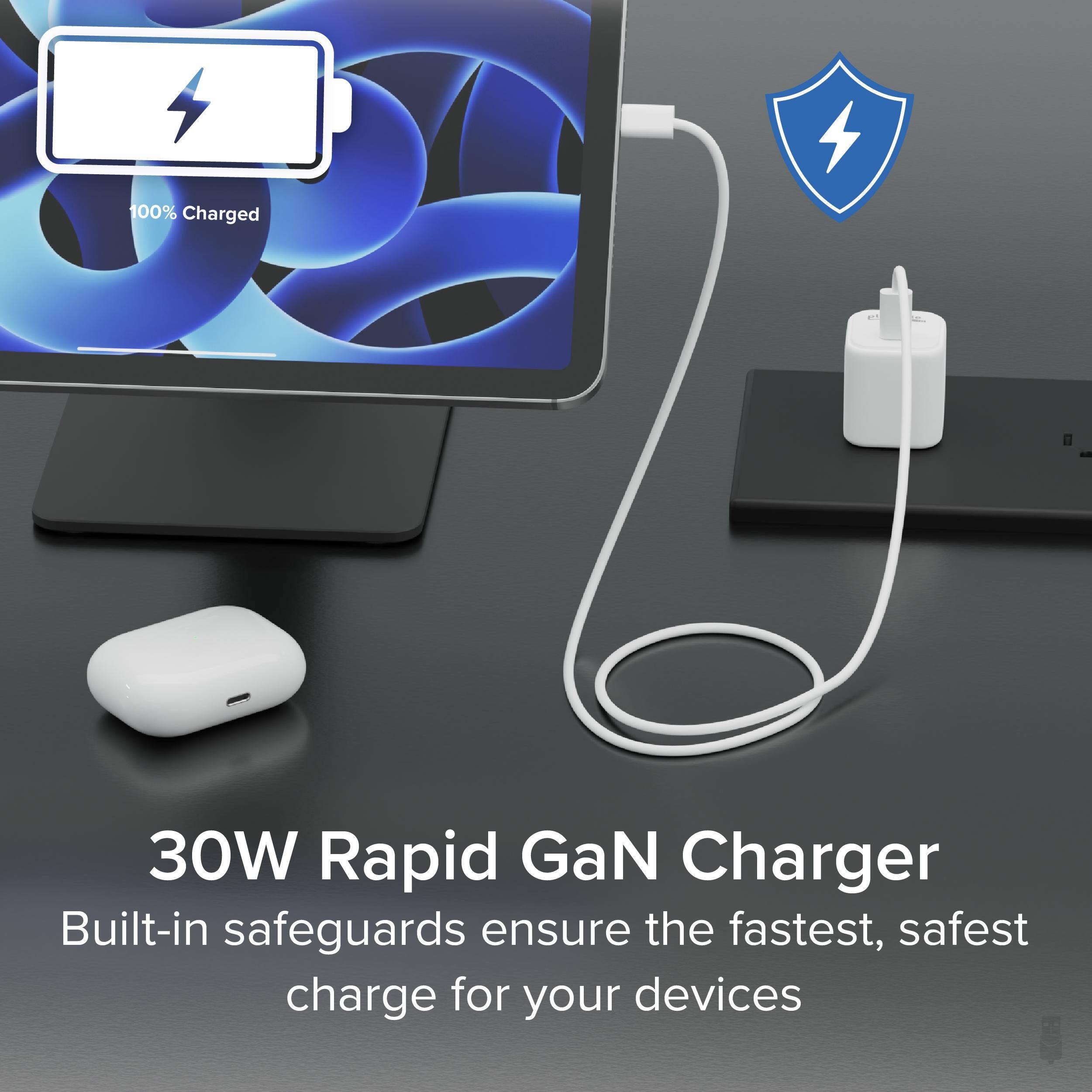 100% Charged

30W Rapid GaN Charger

Built-in safeguards ensure the fastest, safest charge for your devices