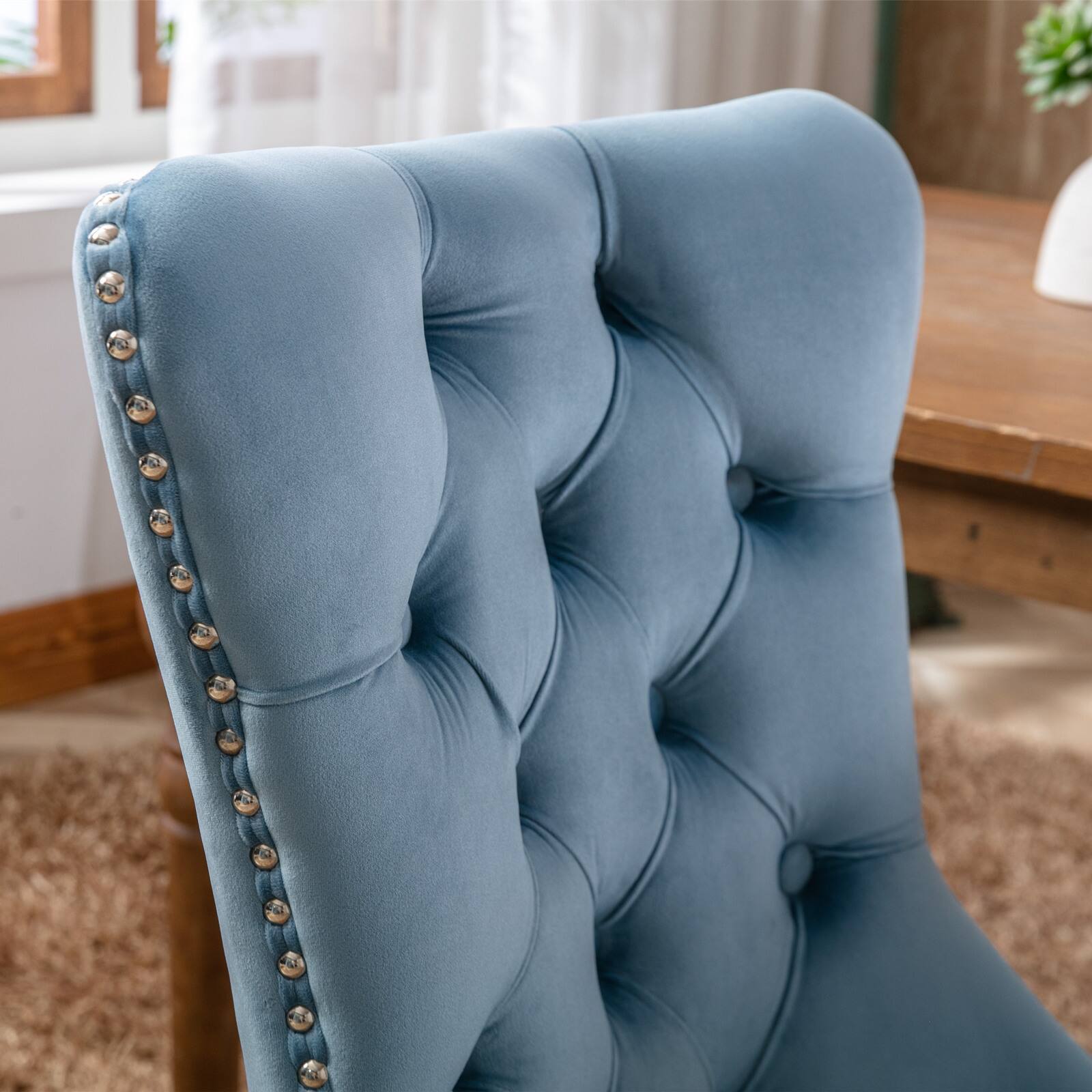 Alt View 1. Z-Edge - Velvet Dining Chairs Set of 2, Upholstered High-end Tufted Dining Room Chair with Nailhead Back Ring Pull Trim Wood Legs - Light Blue.