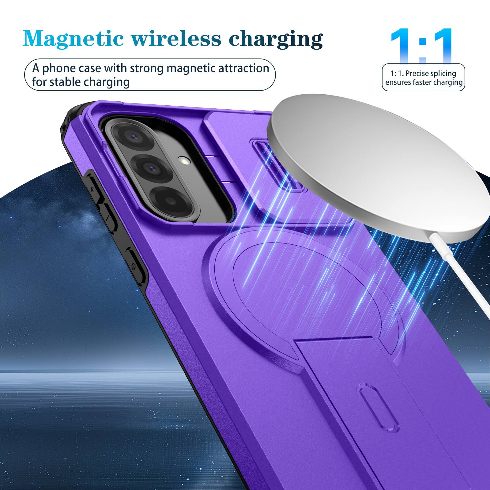 Magnetic wireless charging

A phone case with strong magnetic attraction for stable charging

1:1

1:1. Precise splicing ensures faster charging