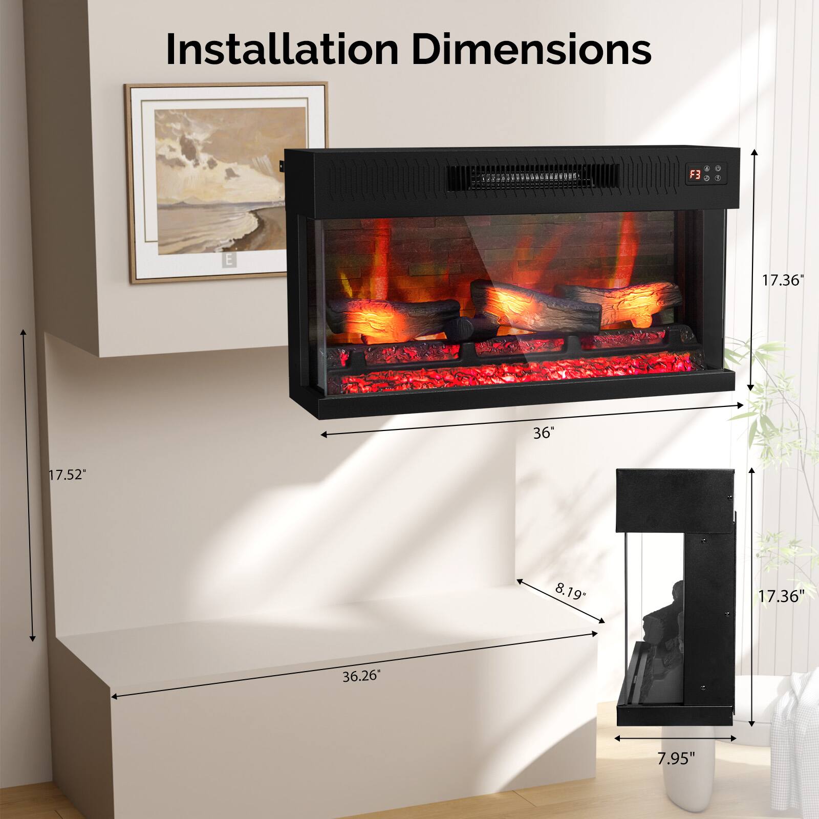 Installation Dimensions

- Width: 36"
- Height: 17.36"
- Depth: 8.19"
- Wall Clearance: 17.52"
- Floor Clearance: 7.95"
- Overall Width: 36.26"