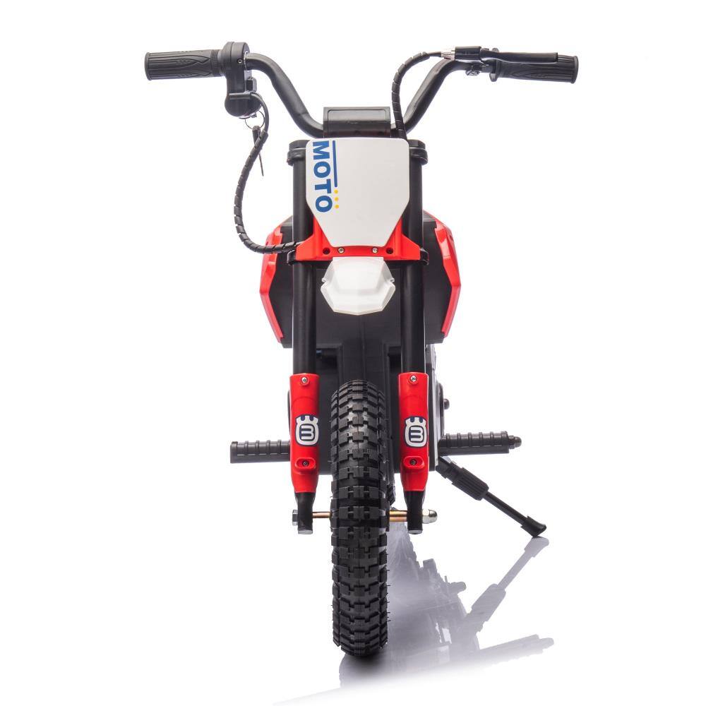 Back. BreeBe - 24V Kids Electric Motocross Motorcycle, 200W Motor, Shock Absorber, LED Lights, Bluetooth, Music, for Ages 5-15 - Red.