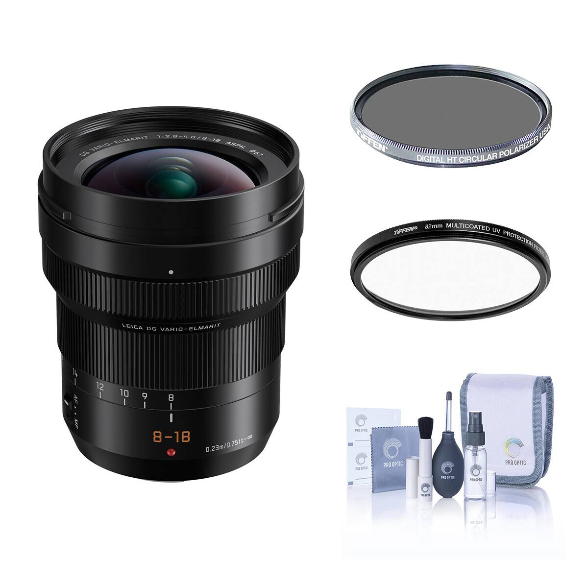VARIO-ELMARIT ELMARIT 1.2-8-4.0/8-18 ASPH, 90 
TIFFEN'
USA DIGITAL HT CIRCULAR POLARIZER
82mm MULTICOATED TIPFEMO UV PROTECTION
LEICA DG VARIO-ELMARIT
F AFTIMF MF
12 I
10 I
9 8 | I I 8-18 0.23m/0.75ft-∞
20170-2019 PROUPTIC
PRO OPTIC
PRO OPTIC
MOOPS
edins
%
-
580.06(12
