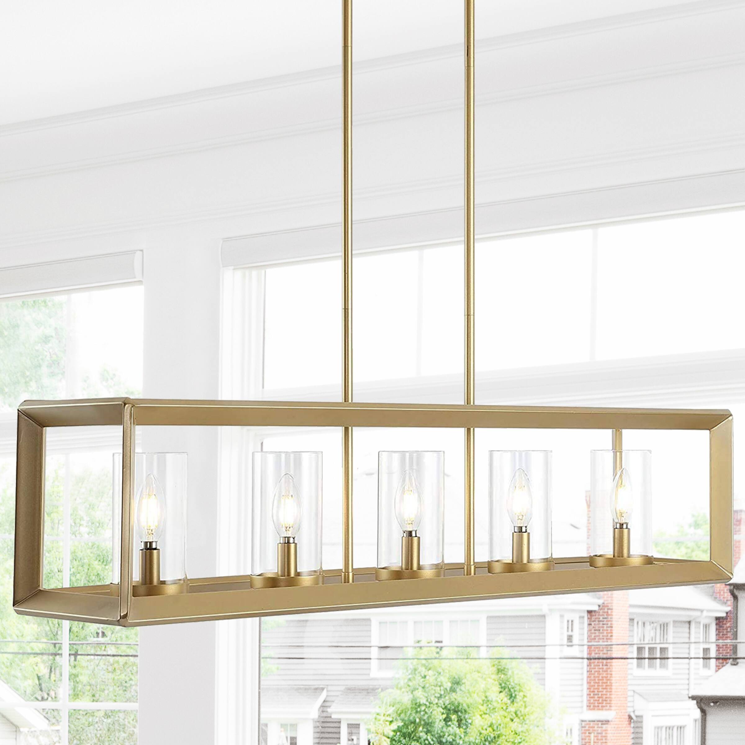 Alt View 1. Jonathan Y - Anna 38.5" Linear 5-light Metal/Glass LED Pendant, Brass Gold - Brass Gold.