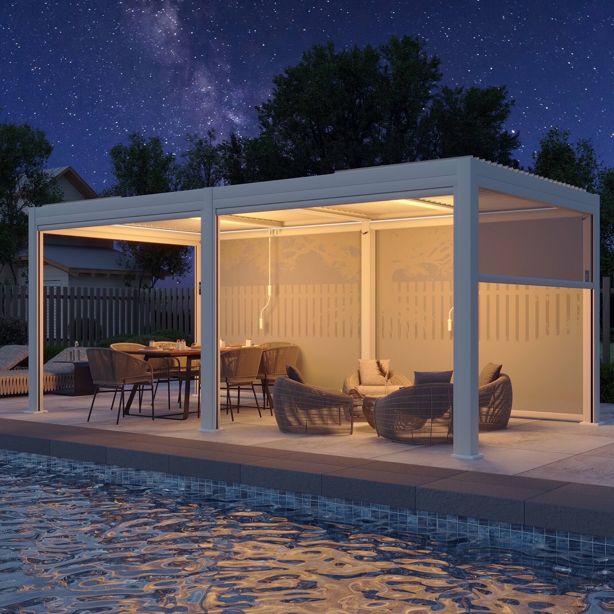 Angle. U-HOMY - 10'x20' Outdoor Aluminum Louvered Pergola Gazebo with Adjustable Rainproof Roof and Pull-Down Privacy Screen - White.