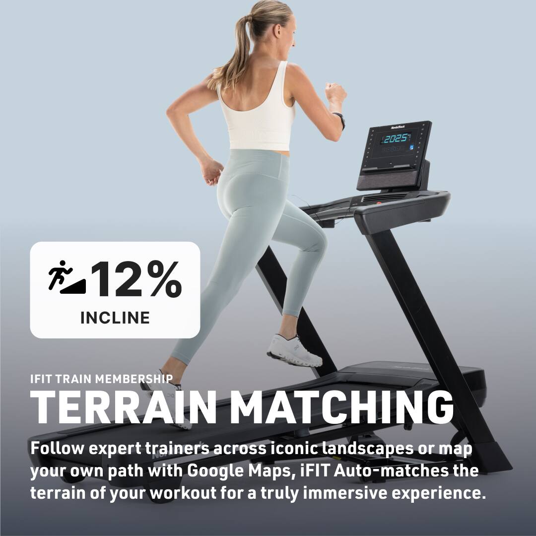 - 2025 O 12% INCLINE IFIT TRAIN MEMBERSHIP TERRAIN MATCHING

Follow expert trainers across iconic landscapes or map your own path with Google Maps, iFIT Auto-matches the terrain of your workout for a truly immersive experience.