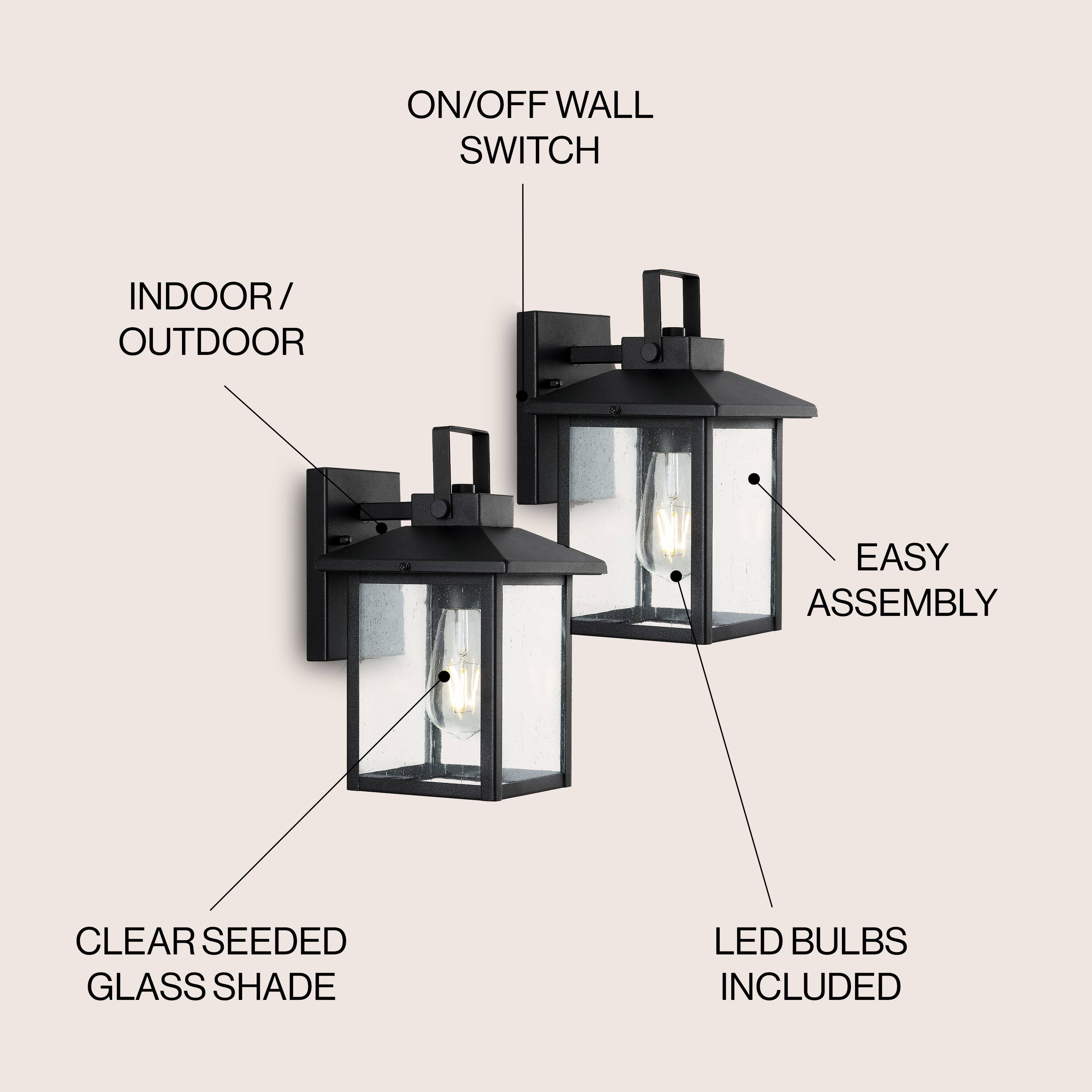 ON/OFF WALL SWITCH  
INDOOR/OUTDOOR  
EASY ASSEMBLY  
CLEAR SEEDED GLASS SHADE  
LED BULBS INCLUDED
