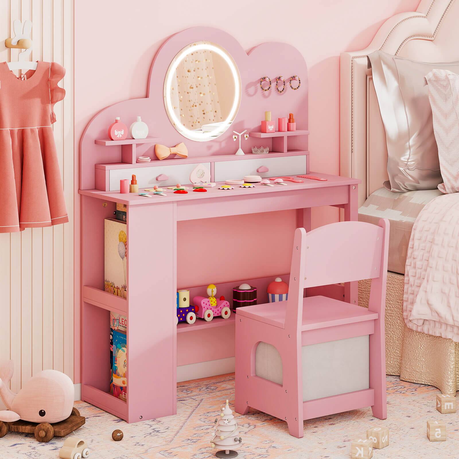 Alt View 3. Costway - Costway Kids Vanity with Lights, 2 Drawers & 2-Tier Bookshelf, 3 Hooks & 2 Open Shelves - Pink.