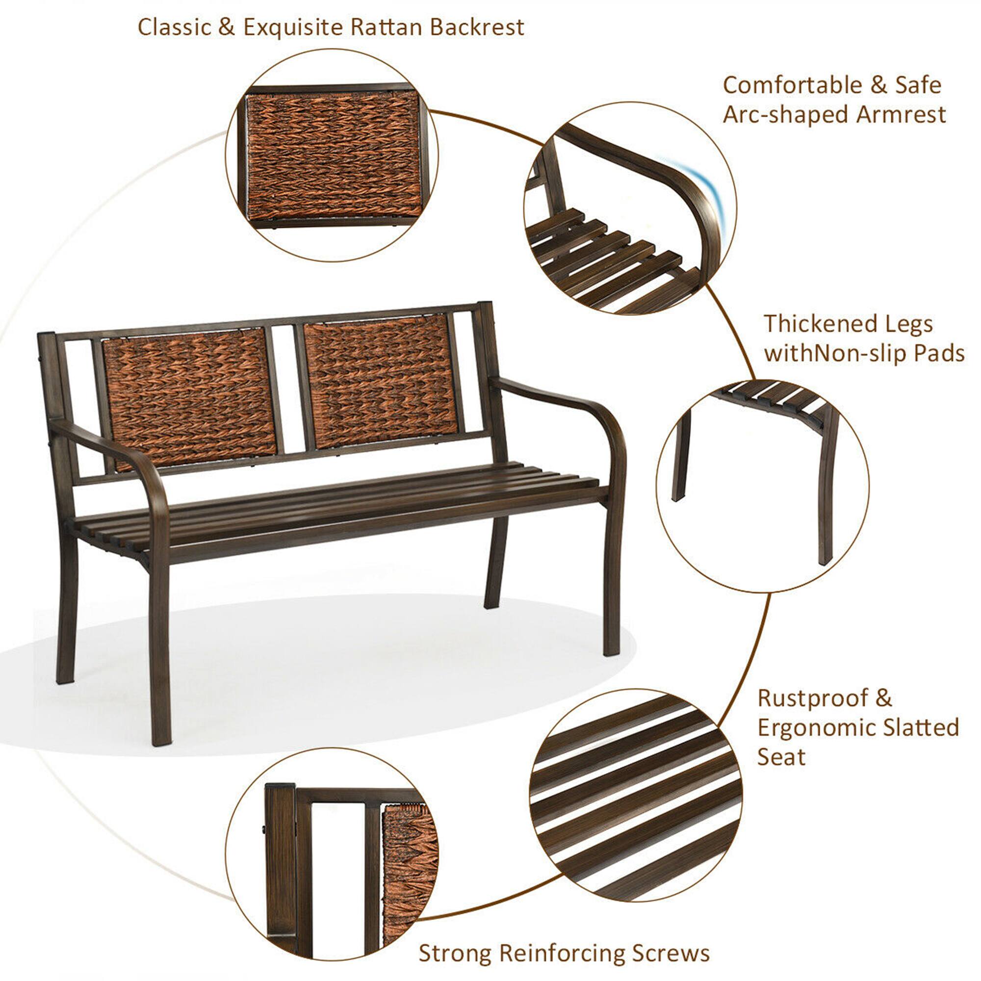 Classic & Exquisite Rattan Backrest, Comfortable & Safe Arc-shaped Armrest, Thickened Legs with Non-slip Pads, Rustproof & Ergonomic Slatted Seat, Strong Reinforcing Screws