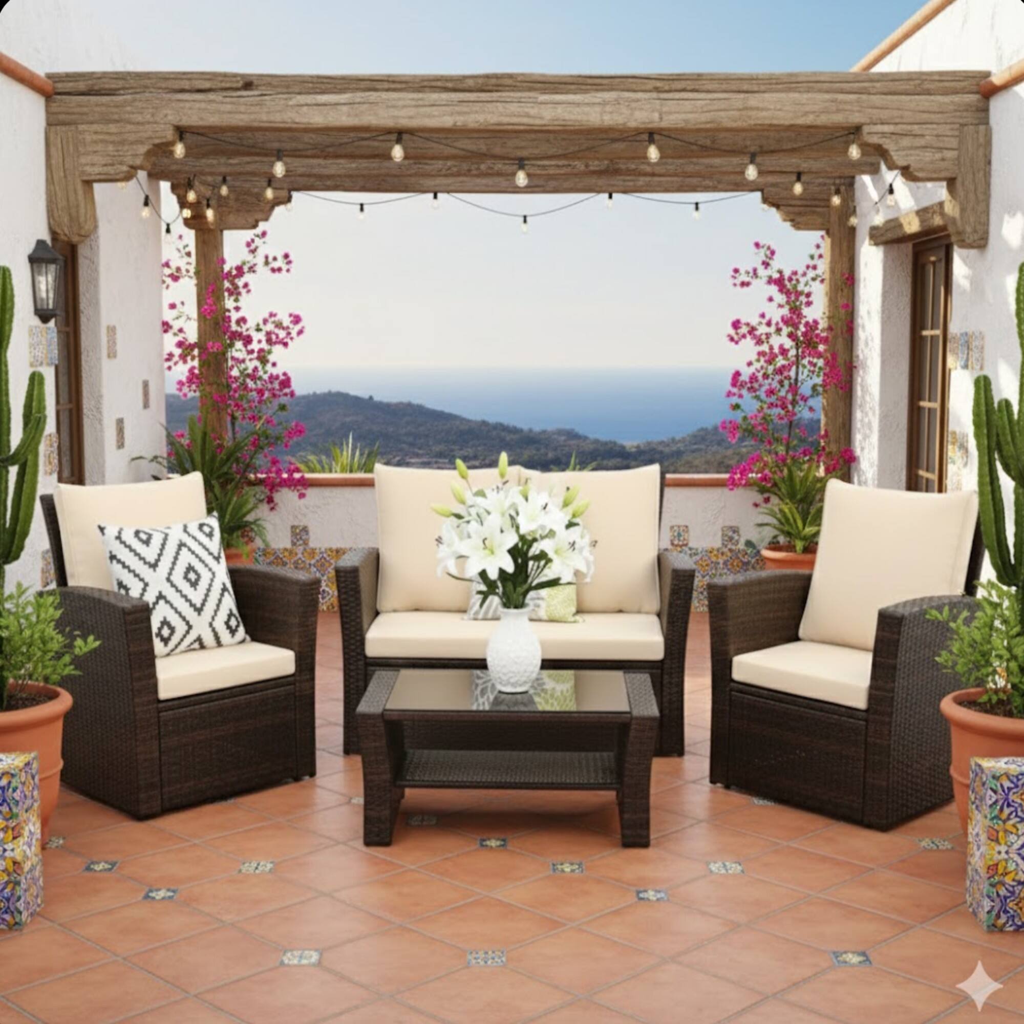 Angle. Mondawe - 4-Piece Wicker Patio Conversation Set with Glass Table and Cushions - Brown+Beige.