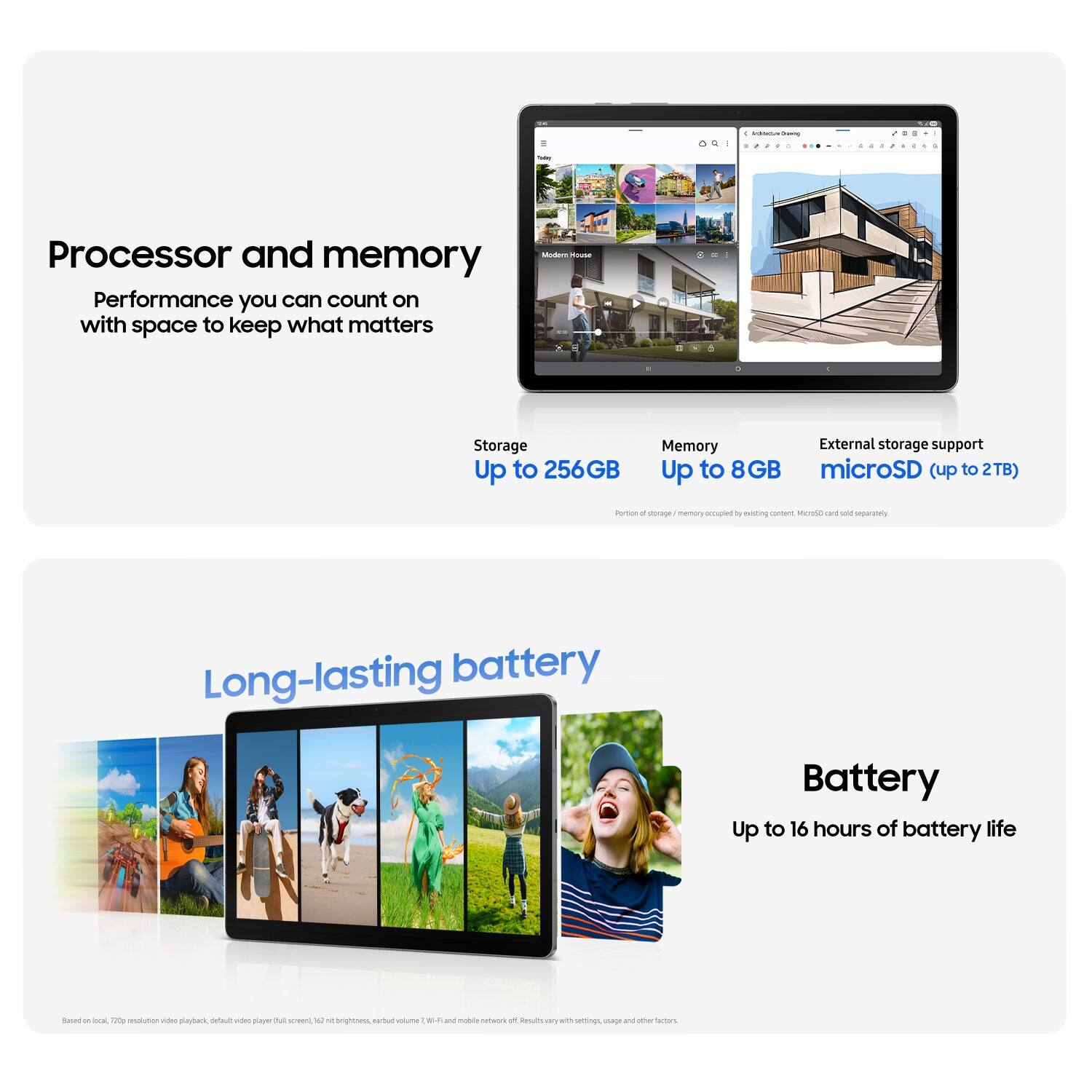 Processor and memory  
Performance you can count on with space to keep what matters  

Storage  
Up to 256GB  

Memory  
Up to 8GB  

External storage support  
microSD (up to 2TB)  

Long-lasting battery  

Battery  
Up to 16 hours of battery life  

*Based on 10.2" 720p resolution video playback, default video player, full screen, 512nit brightness, default volume, Wi-Fi and mobile network off. Results vary with settings, usage and other factors.