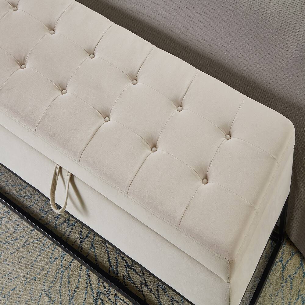 Alt View 3. Ropilly - Ropilly Beige Velvet Storage Bench Tufted Bed End Ottoman Metal Base - Beige.