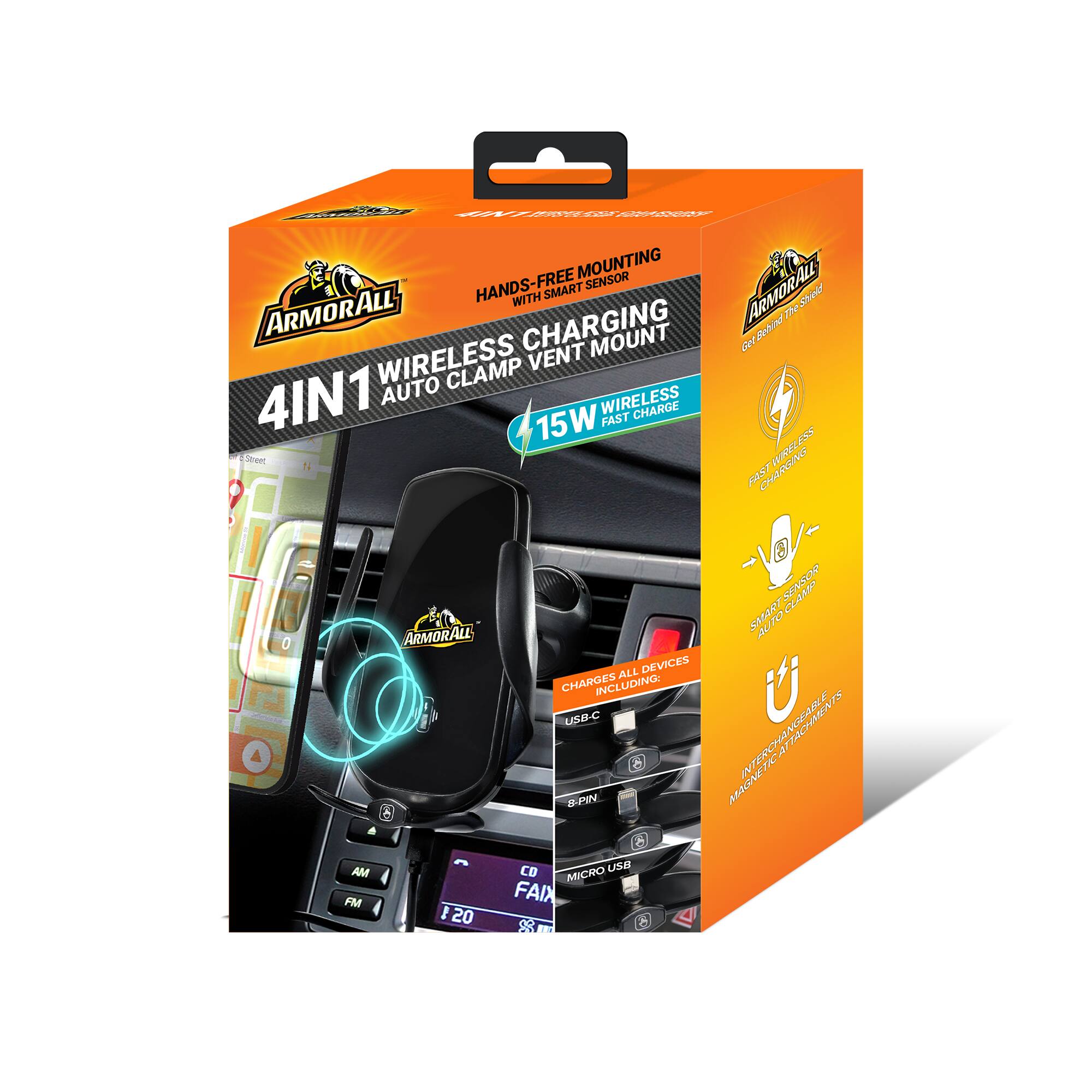 ARMORALL 4IN1 WIRELESS CHARGING MOUNT

- Hands-Free Mounting with Smart Sensor
- 15W Wireless Fast Charge
- Wireless Vent Auto Clamp
- Charges All Devices Including:
  - USB-C
  - B-Pin
  - Micro USB
- Interchangeable Magnetic Attachments