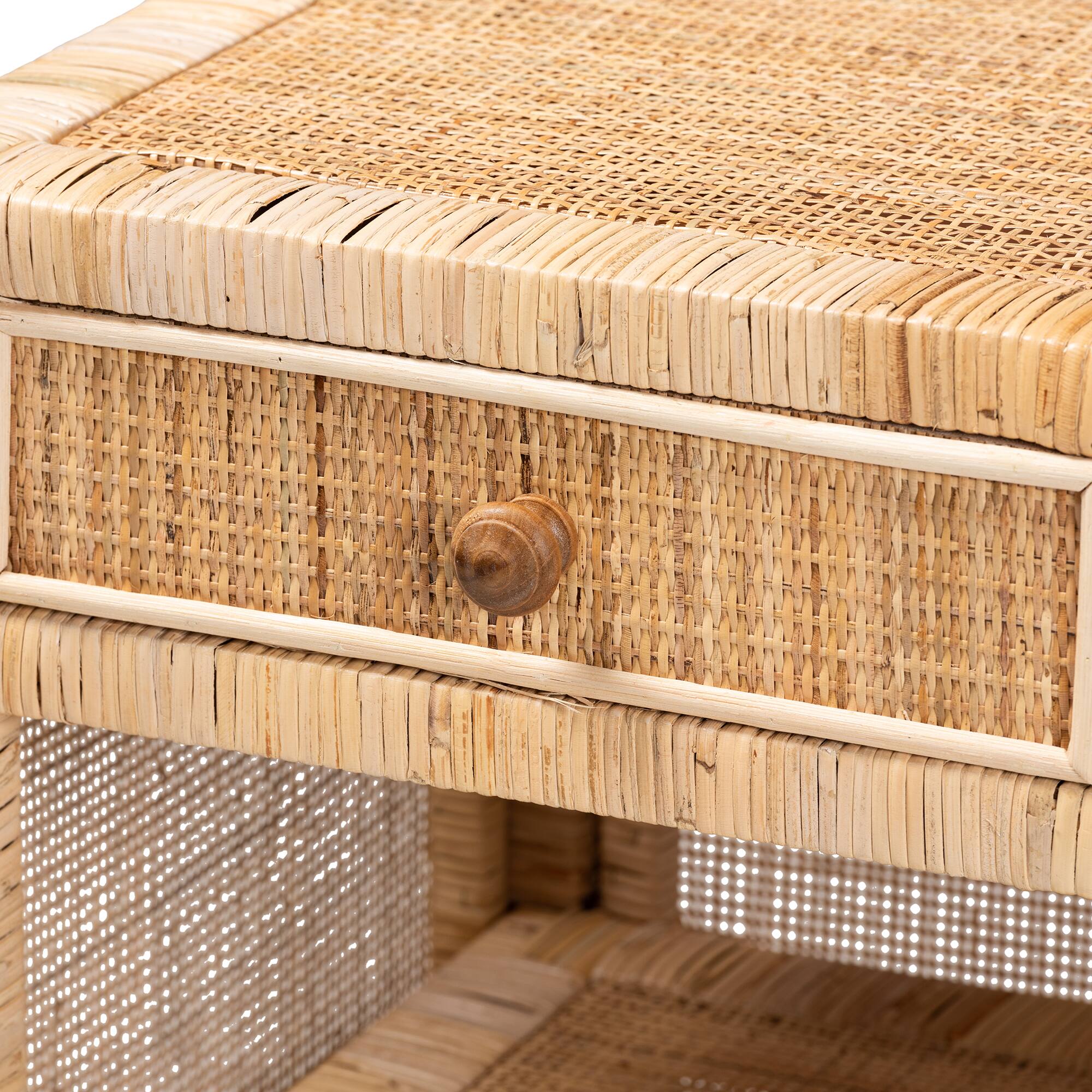 Alt View 2. bali & pari - Bella Modern Bohemian Mahogany Wood and Natural Rattan 1-Drawer Nightstand - Mahogany Wood/Plywood(Drawer)/Natural Rattan.