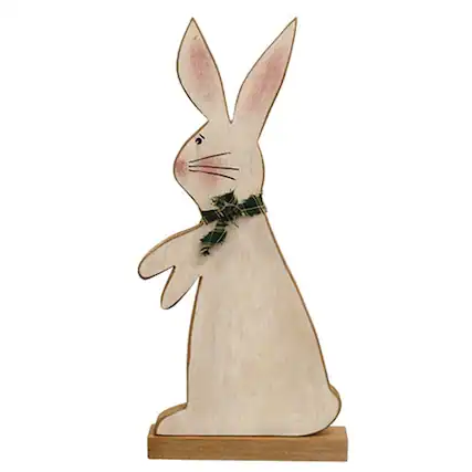 Front. BreeBe - Distressed Standing Wooden Bunny w/ Green & White Scarf on Base - Multi.