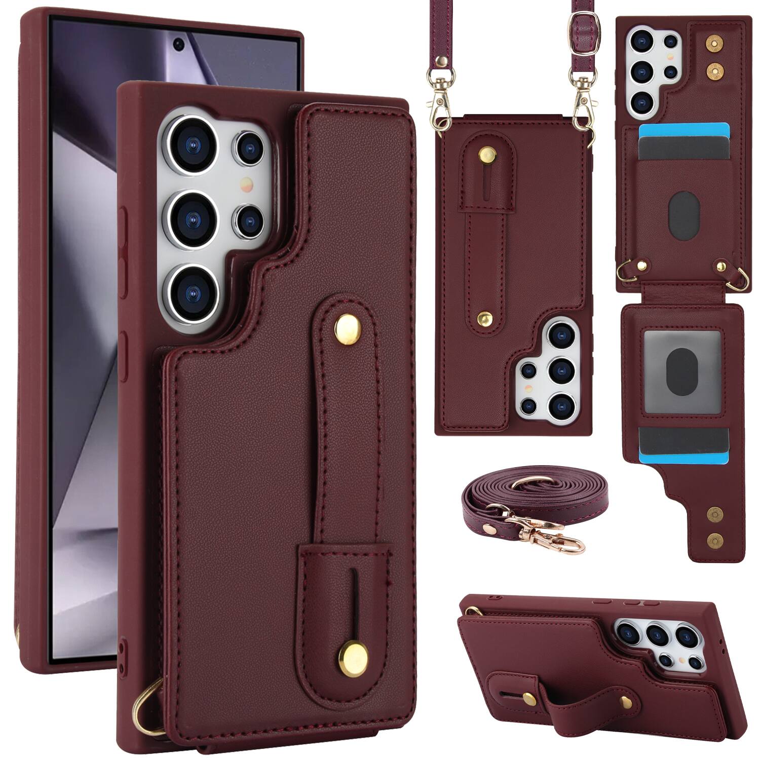 Dteck - Crossbody Wallet Case for Samsung Galaxy S25 Ultra,Shockproof Protective Cover with Wrist Strap and Kickstand - Winered