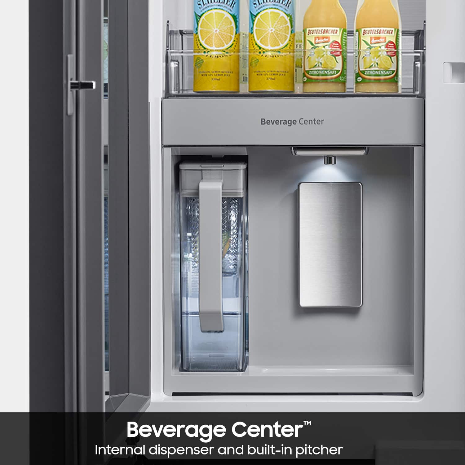 Beverage Center Internal dispenser and built-in pitcher.