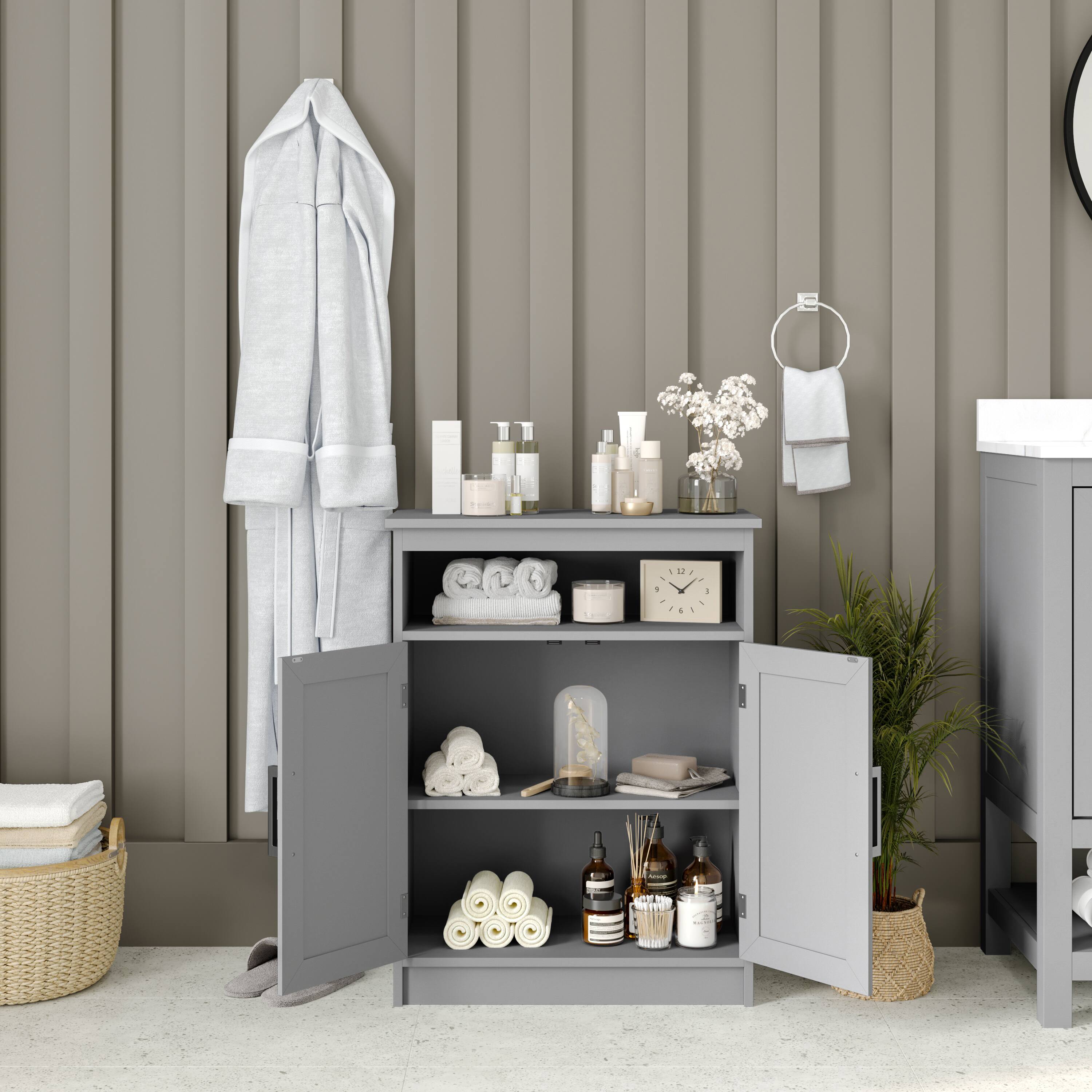 Alt View 3. Emma + Oliver - Vesta Bathroom Storage Cabinet Organizer with Adjustable In-Cabinet Shelf, Magnetic Closure Doors, and Upper Open Shelf - Gray.
