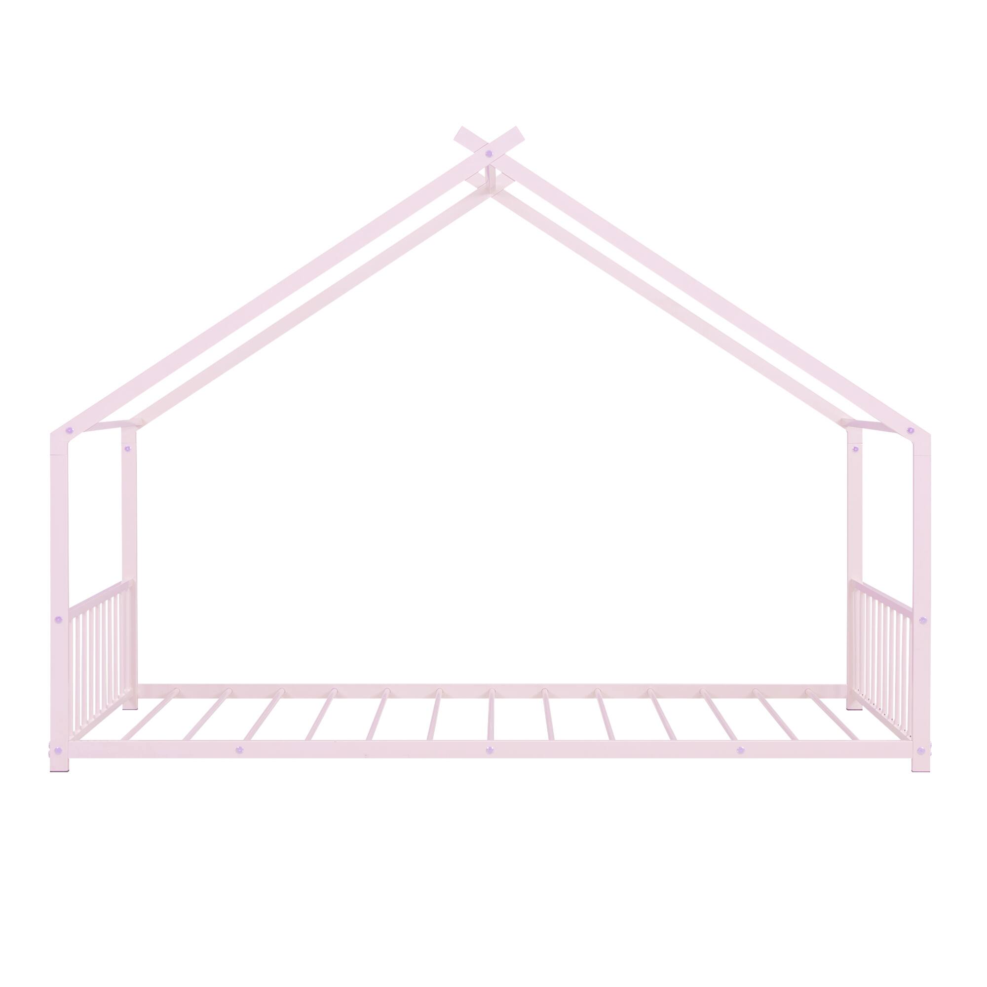 Alt View 2. GOODSILO - Twin Size Metal House Frame Bed with Playful Roof Design for Children's Bedroom and Play Area - Pink.