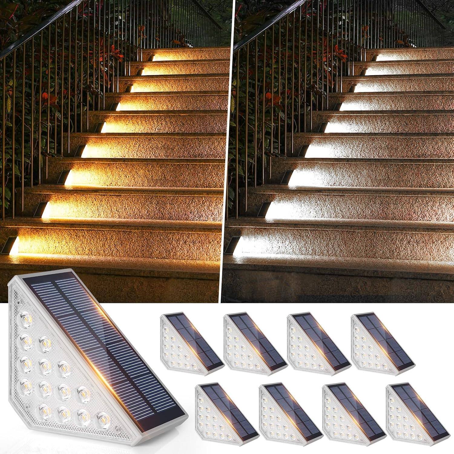 Nordic Hygge - 8-Pack Solar Stair Lights Outdoor Waterproof, 2-in-1 LED Warm White and Cool White Solar Powered Step Light, IP67 Auto - Warm White + Cool White