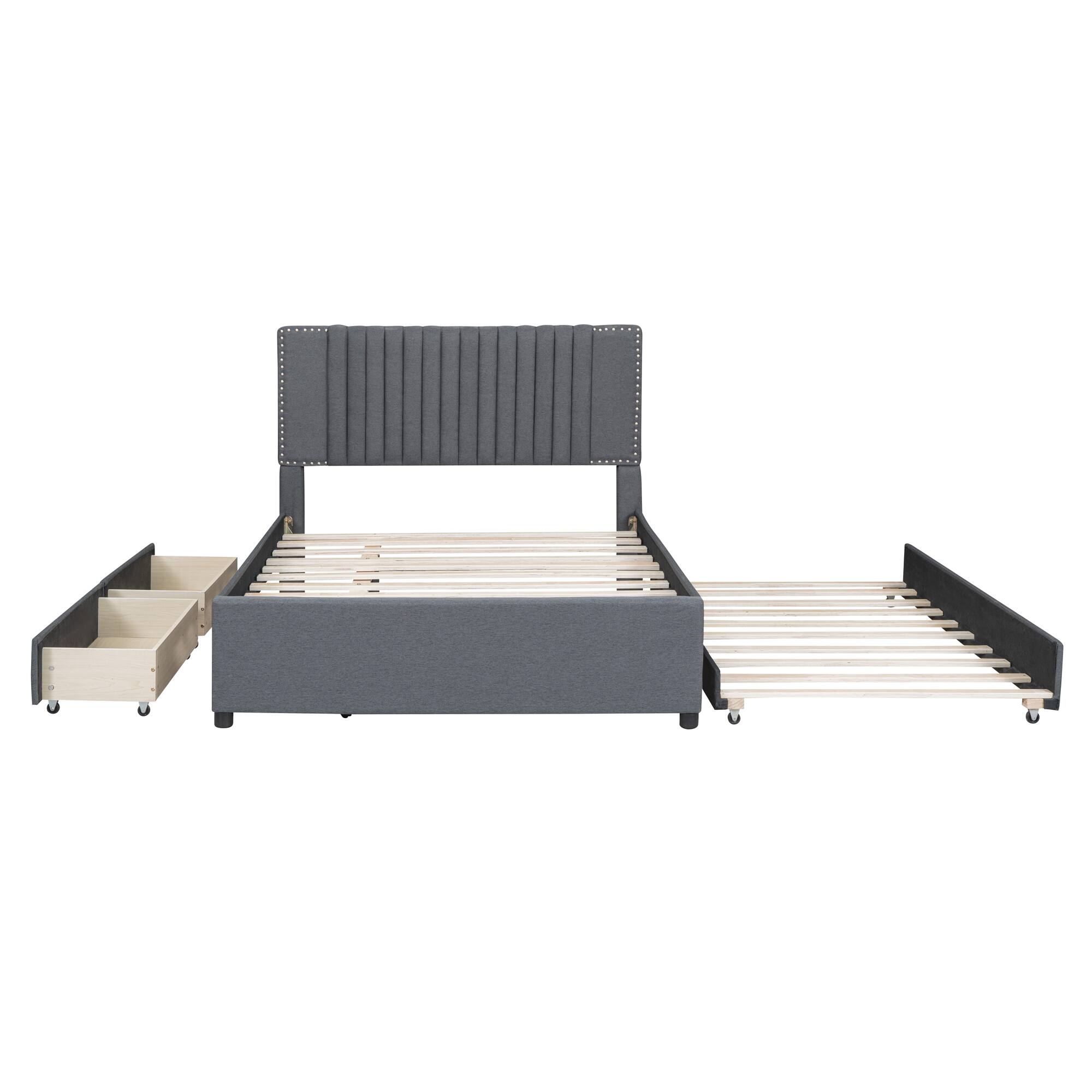 Back. LUCKY ONE - Full Size Upholstered Platform Bed with 2 Drawers and 1 Twin Size Trundle - Gray.