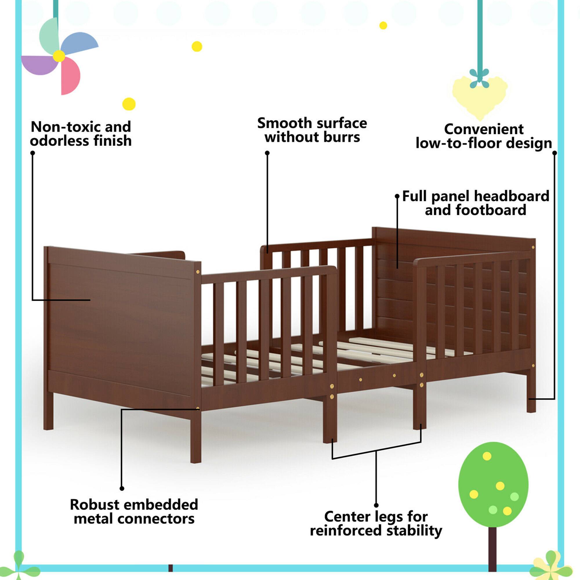 - Non-toxic and odorless finish
- Smooth surface without burrs
- Convenient low-to-floor design
- Full panel headboard and footboard
- Robust embedded metal connectors
- Center legs for reinforced stability