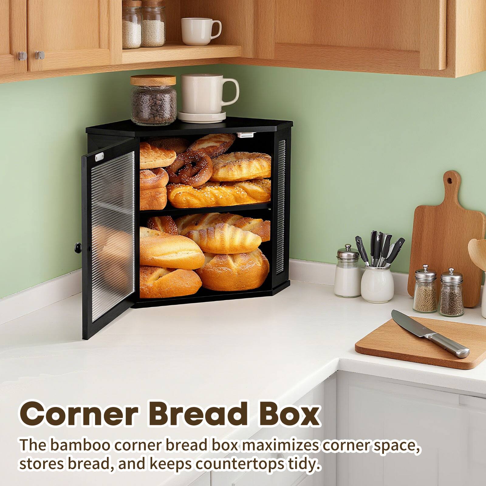 Corner Bread Box

The bamboo corner bread box maximizes corner space, stores bread, and keeps countertops tidy.