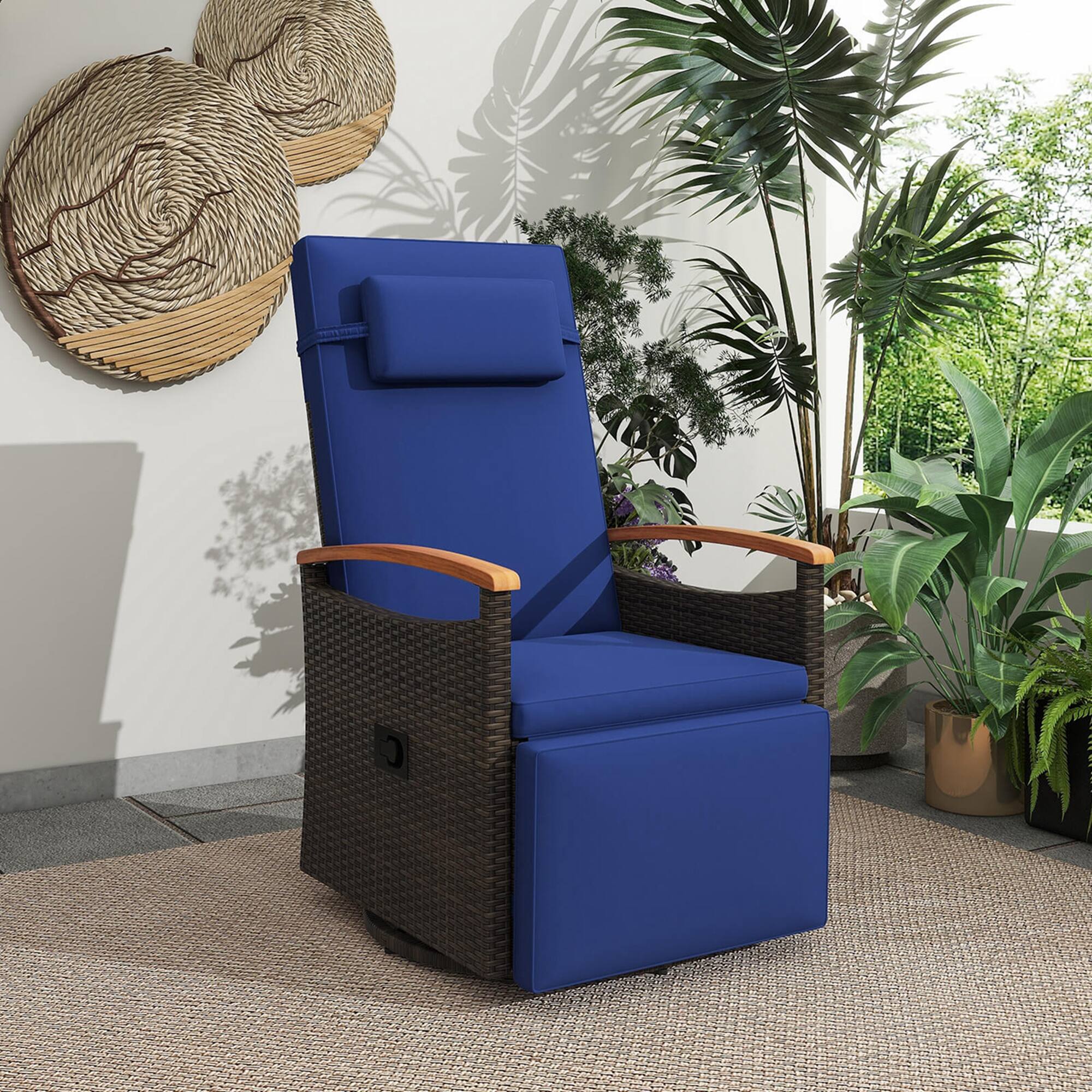 Back. Costway - Outdoor 360° Swivel Rattan Recliner Chair Patio Wicker Chaise Lounge Chair - Mix Brown + Navy.