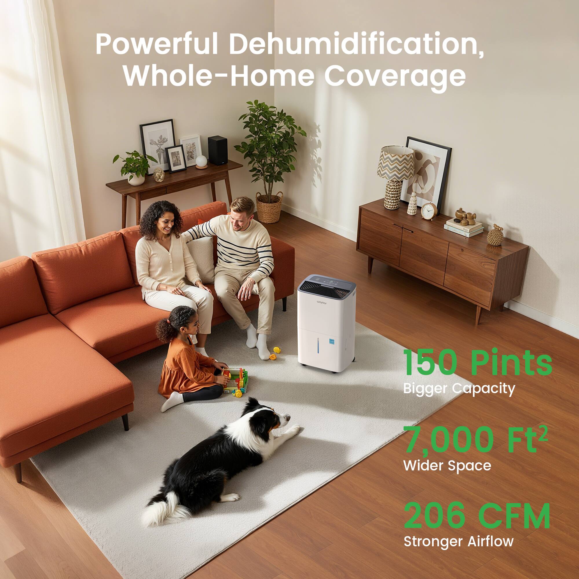 Powerful Dehumidification, Whole-Home Coverage  
150 Pints Bigger Capacity  
7,000 Ft² Wider Space  
206 CFM Stronger Airflow
