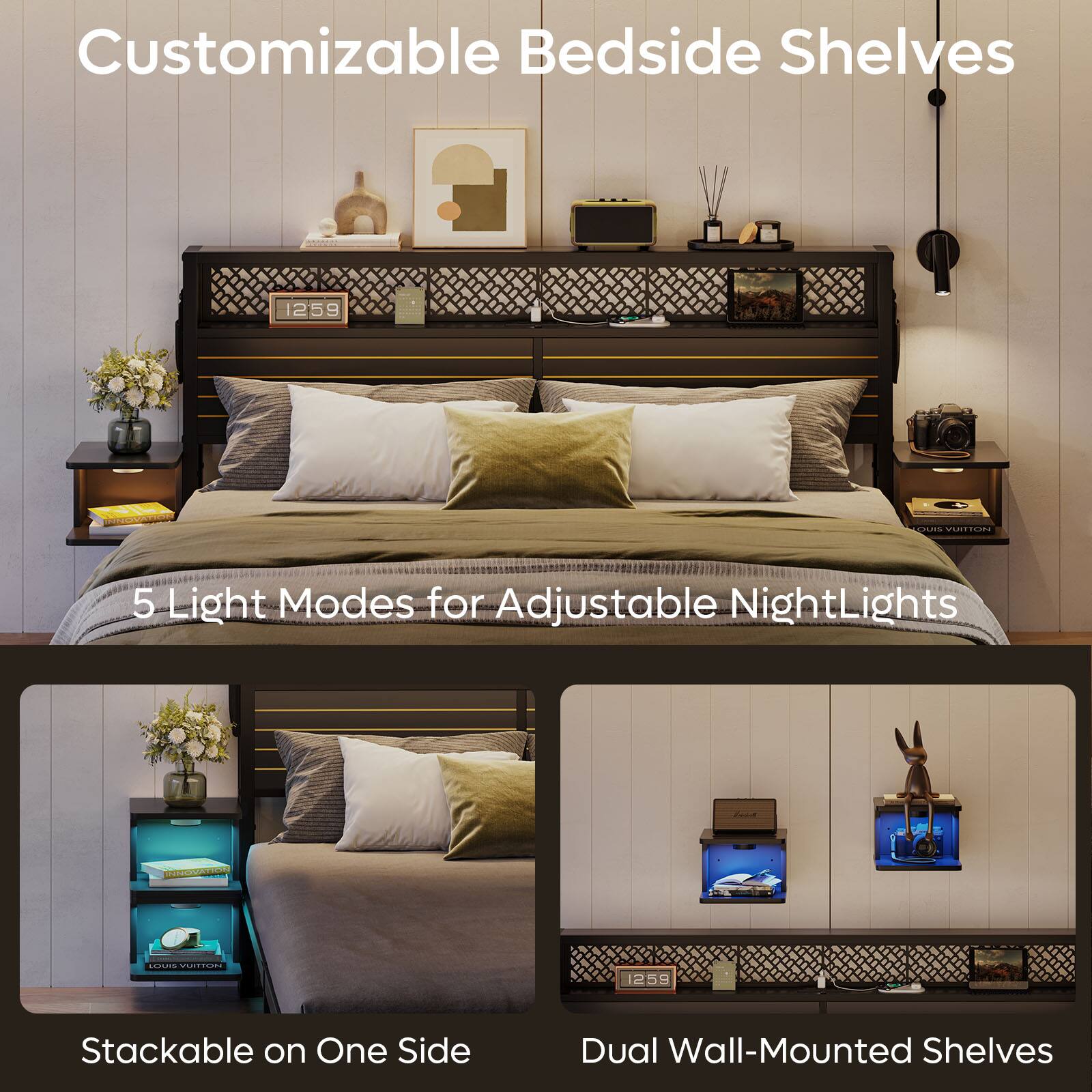 Customizable Bedside Shelves: 5 Light Modes for Adjustable Night Lights - Stackable on One Side, Dual Wall-Mounted Shelves.