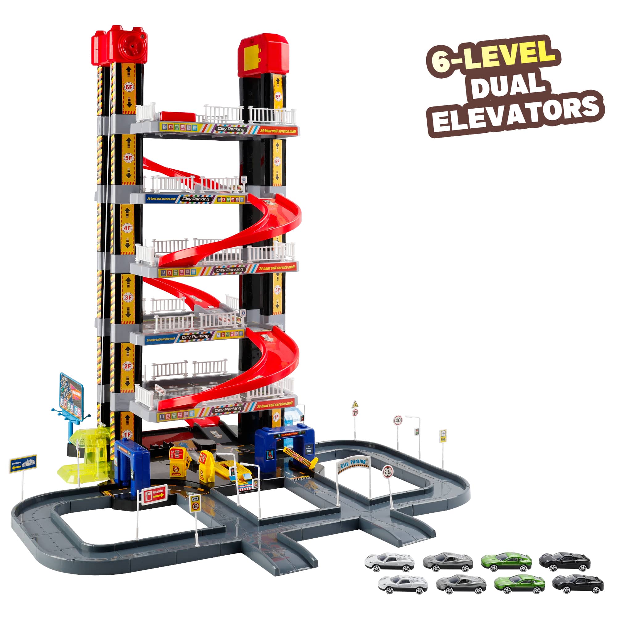 Topteng - 6-Story Parking Garage Toy with Elevator & 8 Cars - Gas Station, Car Wash Playset for Toddler/Kid Imaginative Play