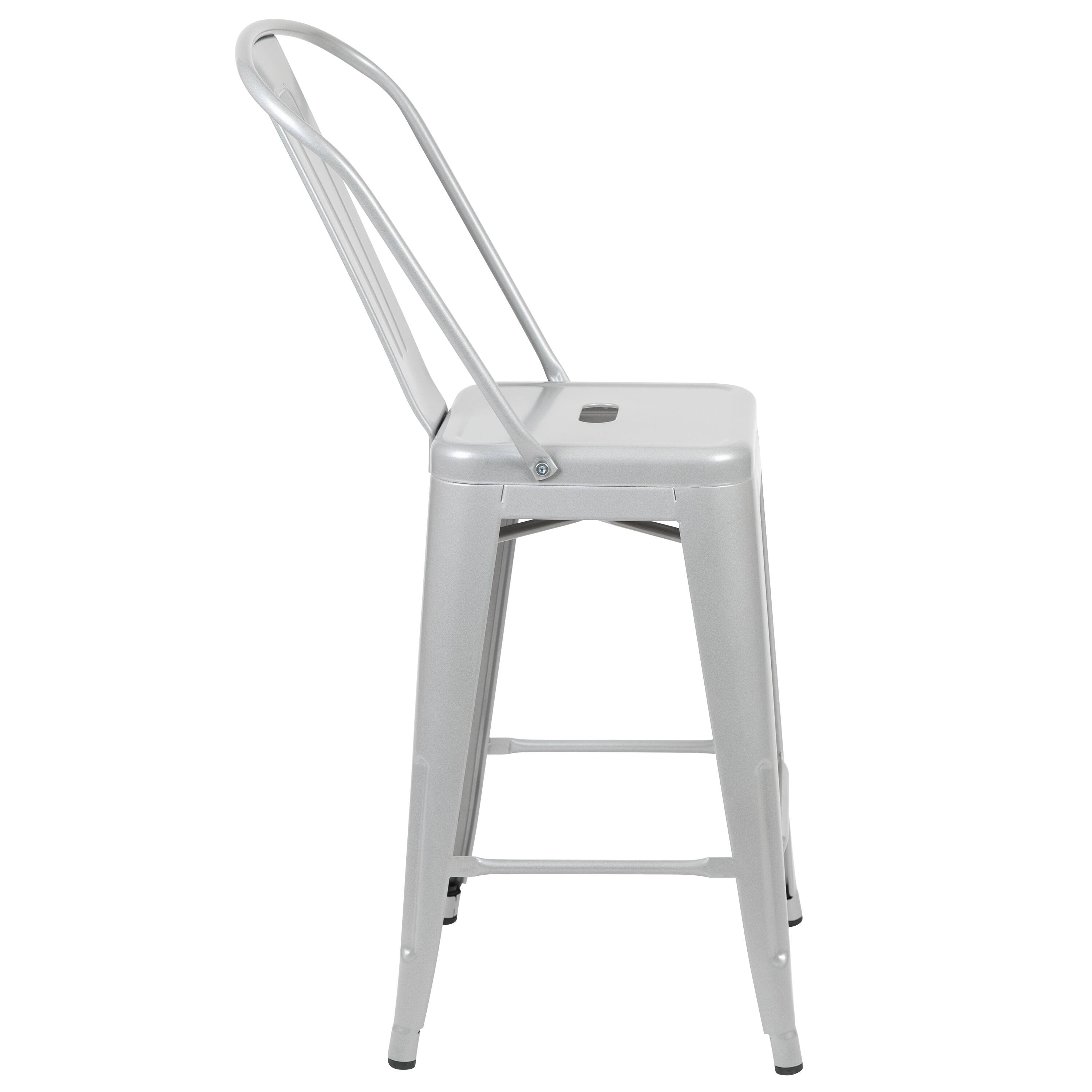 Alt View 7. Emma + Oliver - Commercial Grade 4 Pack 24" High Metal Indoor-Outdoor Counter Height Stool with Back - Silver.