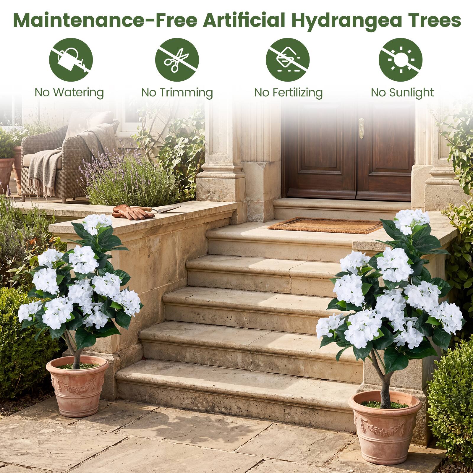 Maintenance-Free Artificial Hydrangea Trees  
No Watering  
No Trimming  
No Fertilizing  
No Sunlight