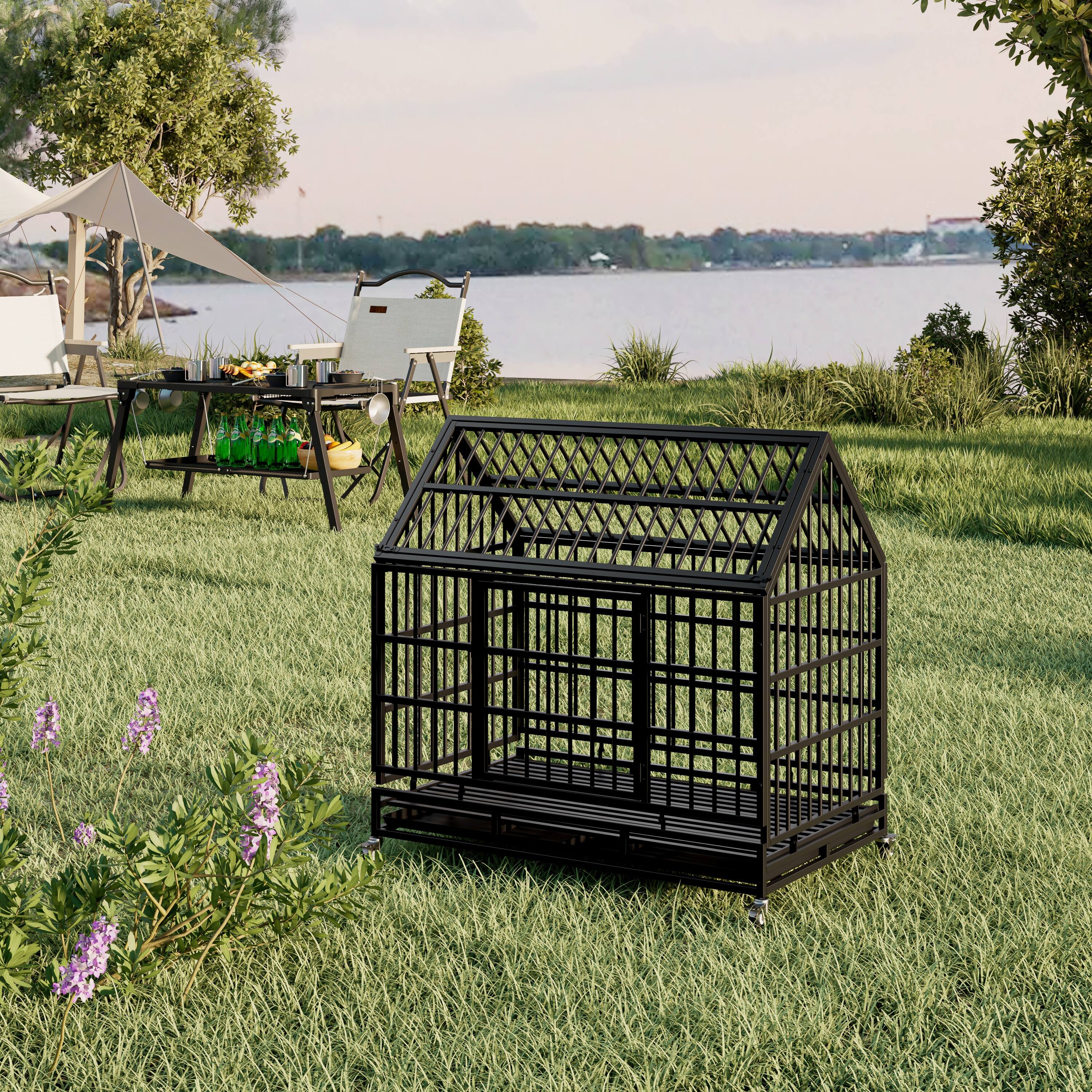 Alt View 1. Siljoy - Heavy Duty Folding Dog Crate with Wheels, Pointed Roof & Removable Tray for Large/Medium Dogs.